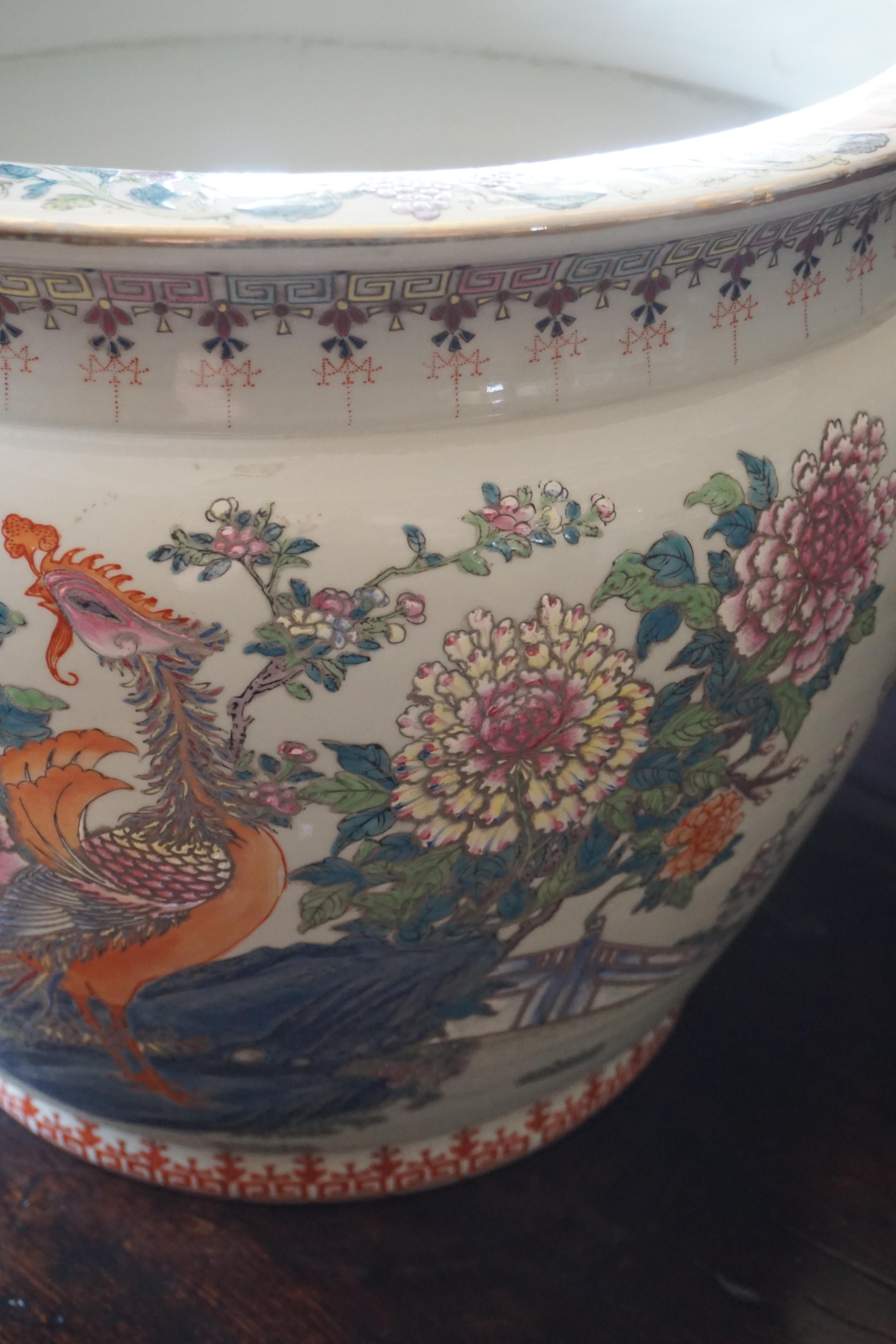 20th Century Midcentury Chinese Hand Painted Fish Bowl Planter or Jardiniére