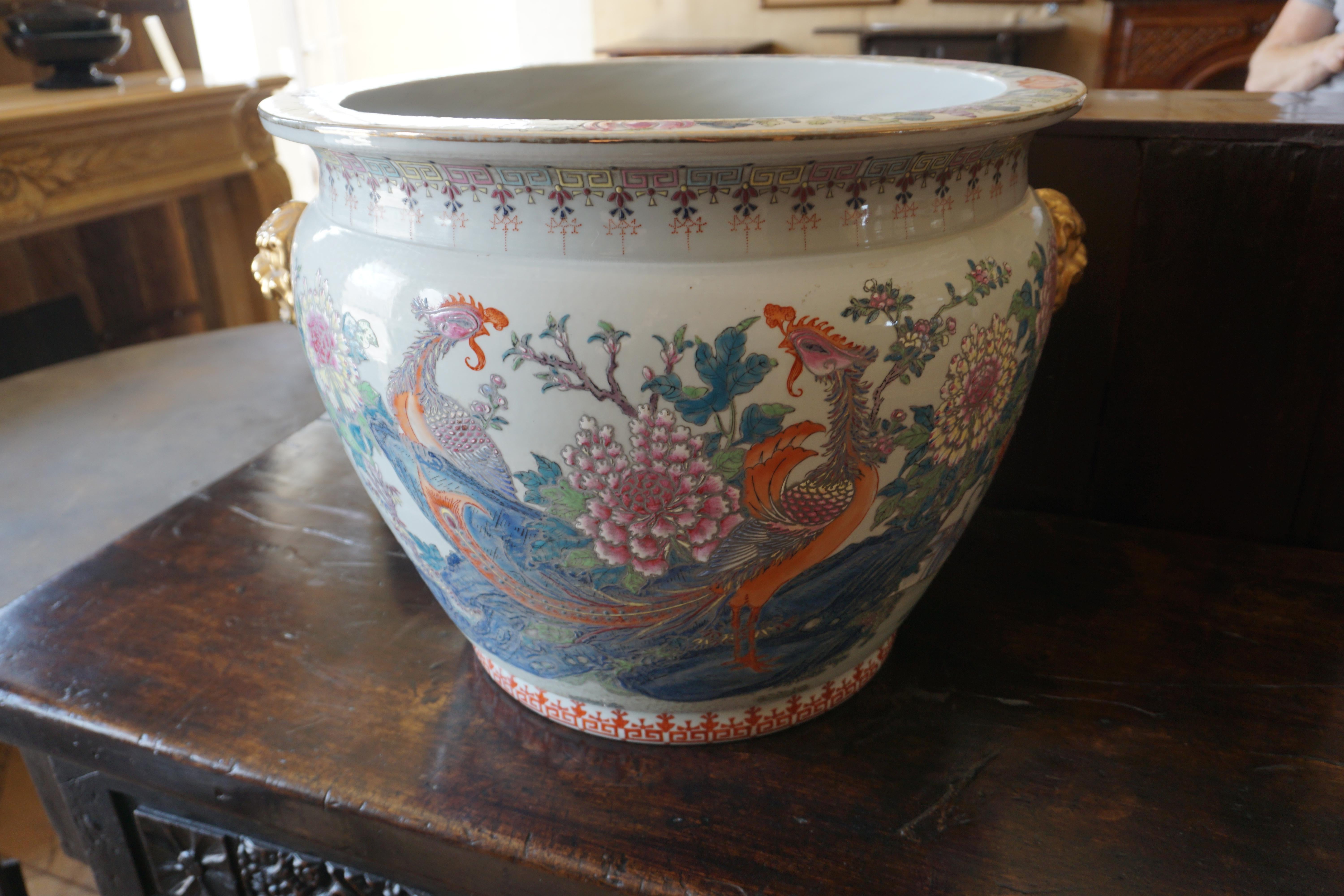 Porcelain Midcentury Chinese Hand Painted Fish Bowl Planter or Jardiniére