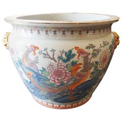 Midcentury Chinese Hand Painted Fish Bowl Planter or Jardiniére