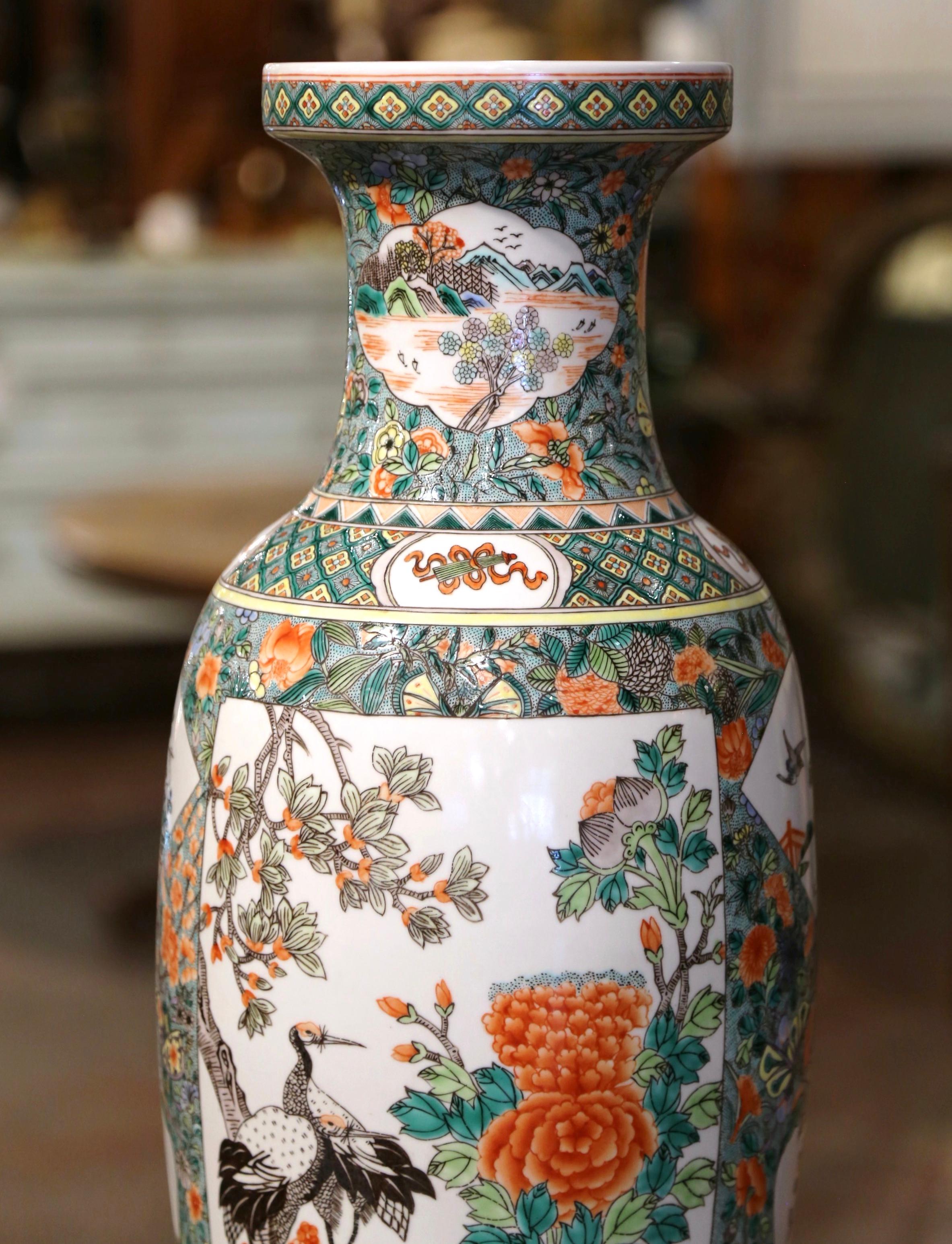 Hand-Crafted Mid-Century Chinese Hand Painted Porcelain Famille Verte Vase For Sale