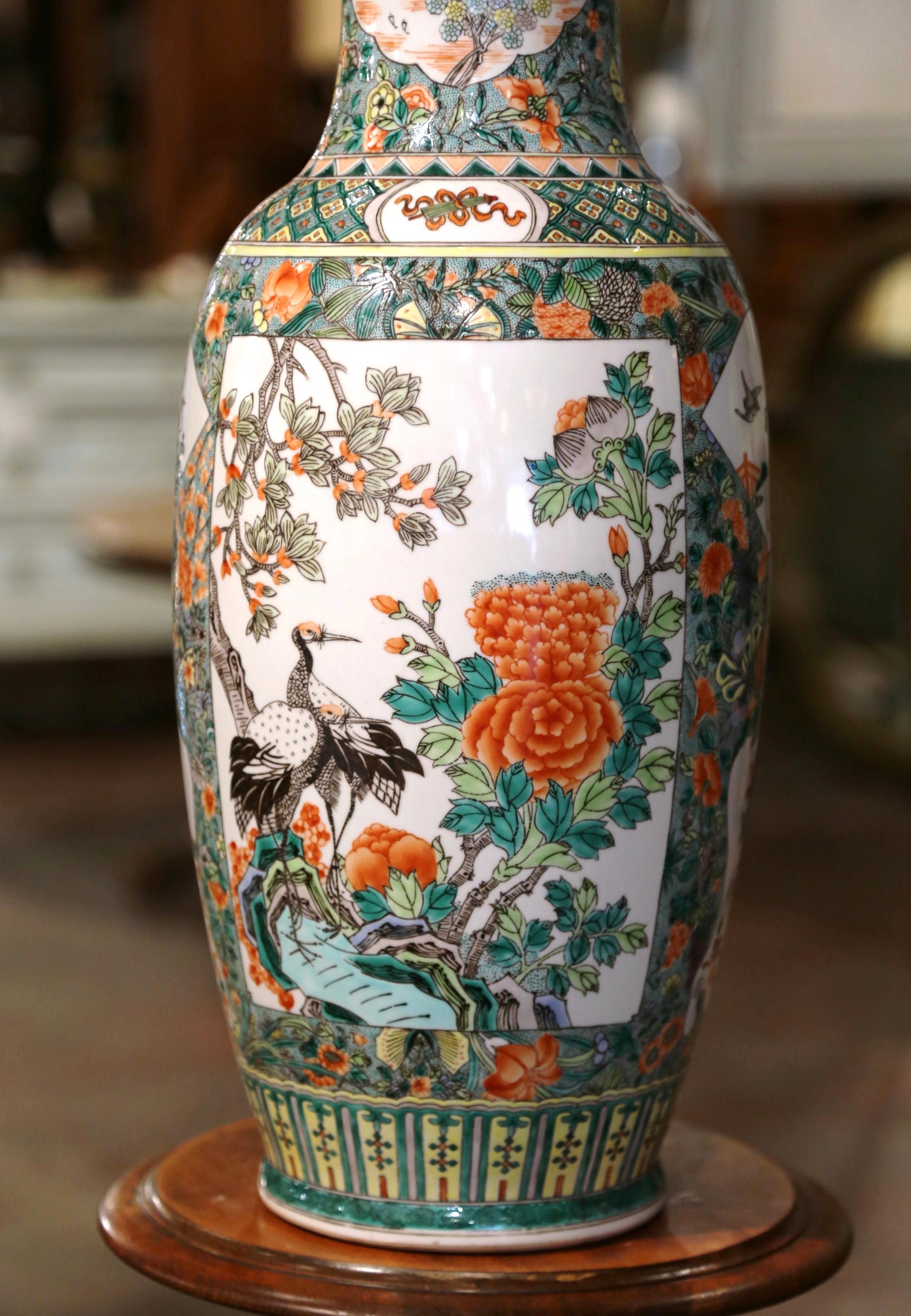 Mid-Century Chinese Hand Painted Porcelain Famille Verte Vase In Excellent Condition For Sale In Dallas, TX
