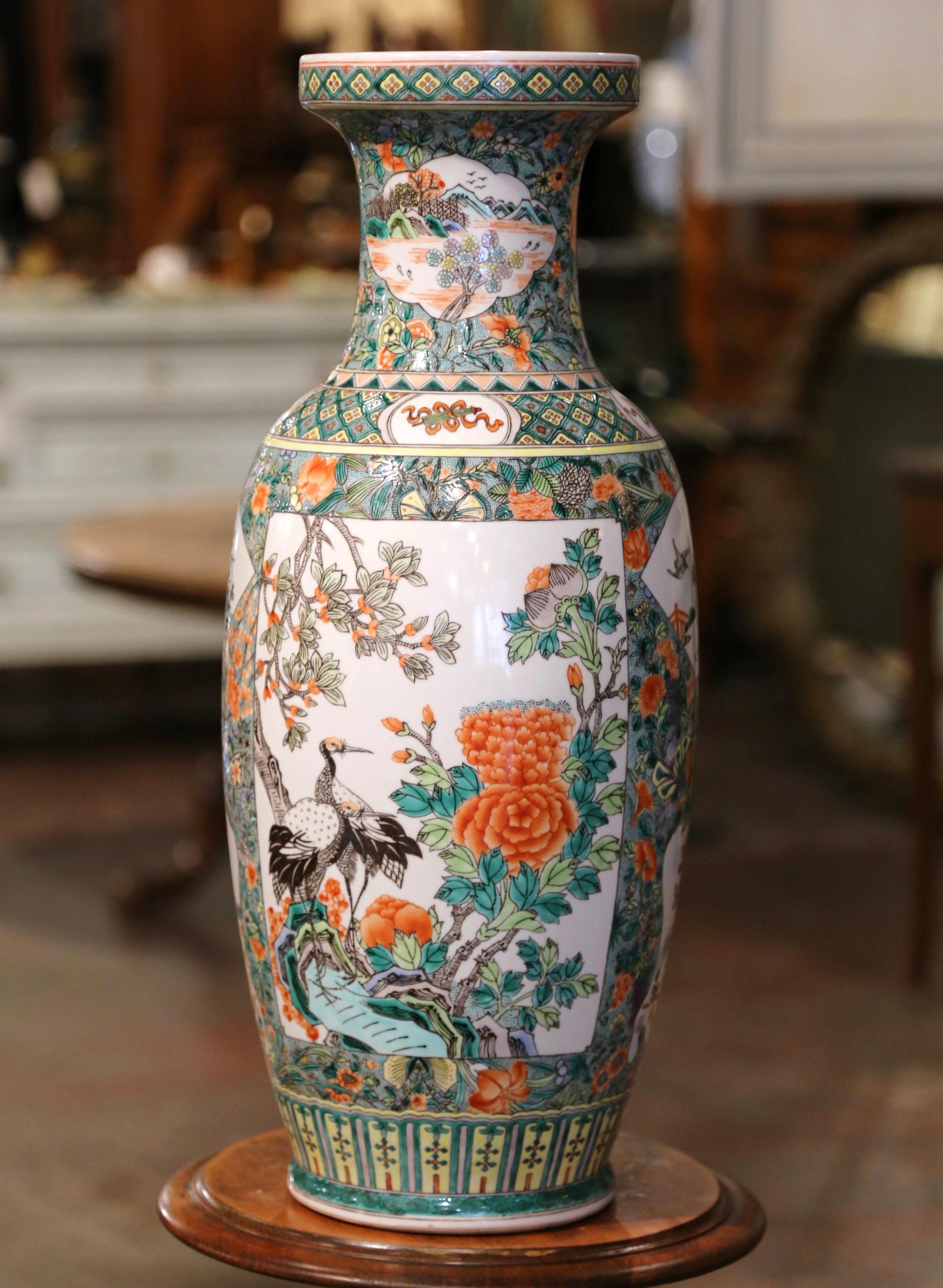 20th Century Mid-Century Chinese Hand Painted Porcelain Famille Verte Vase For Sale