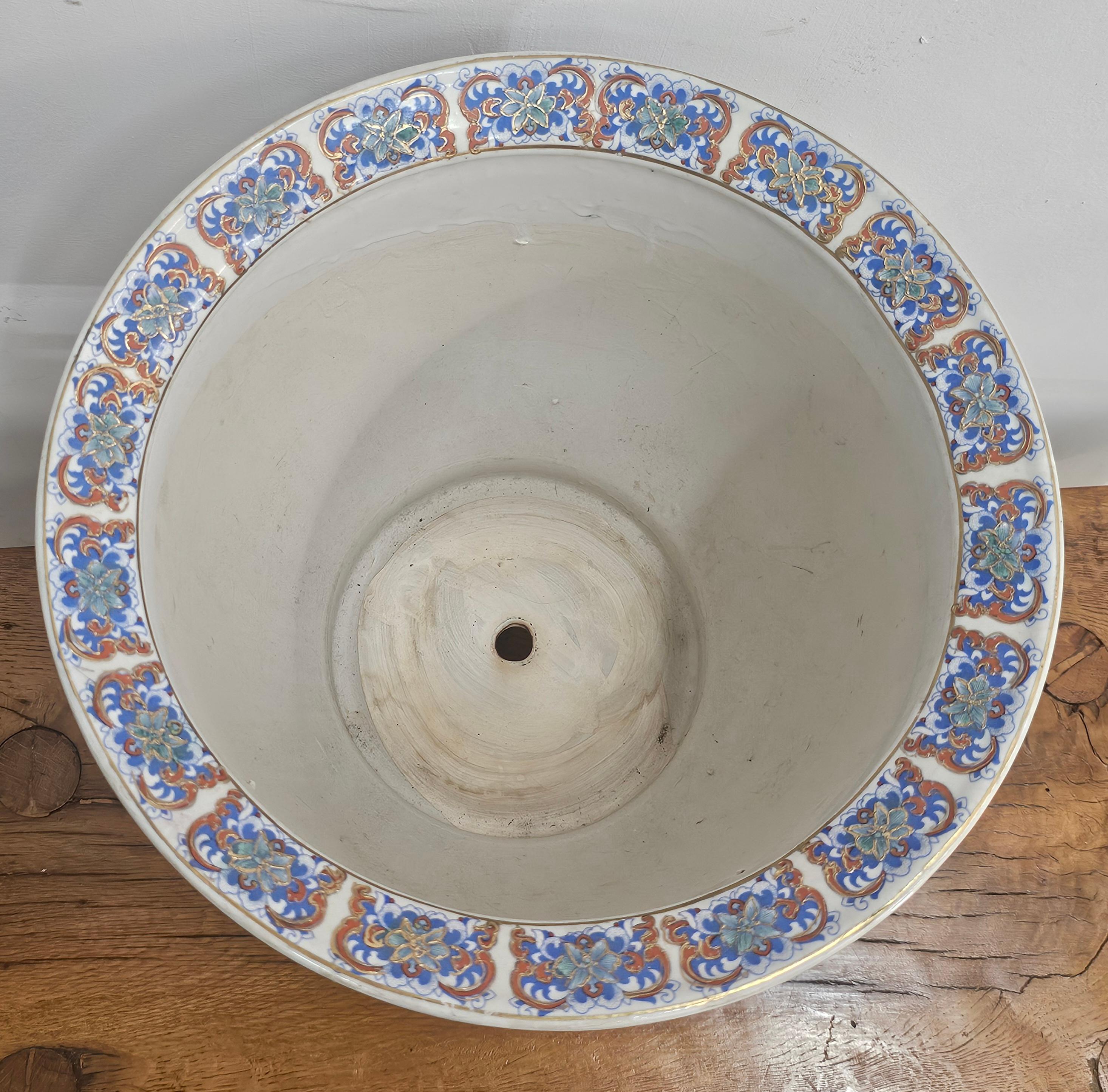 Mid Century Chinese Hand-Painted  Porcelain Jardiniere On Hardwood Stand For Sale 1