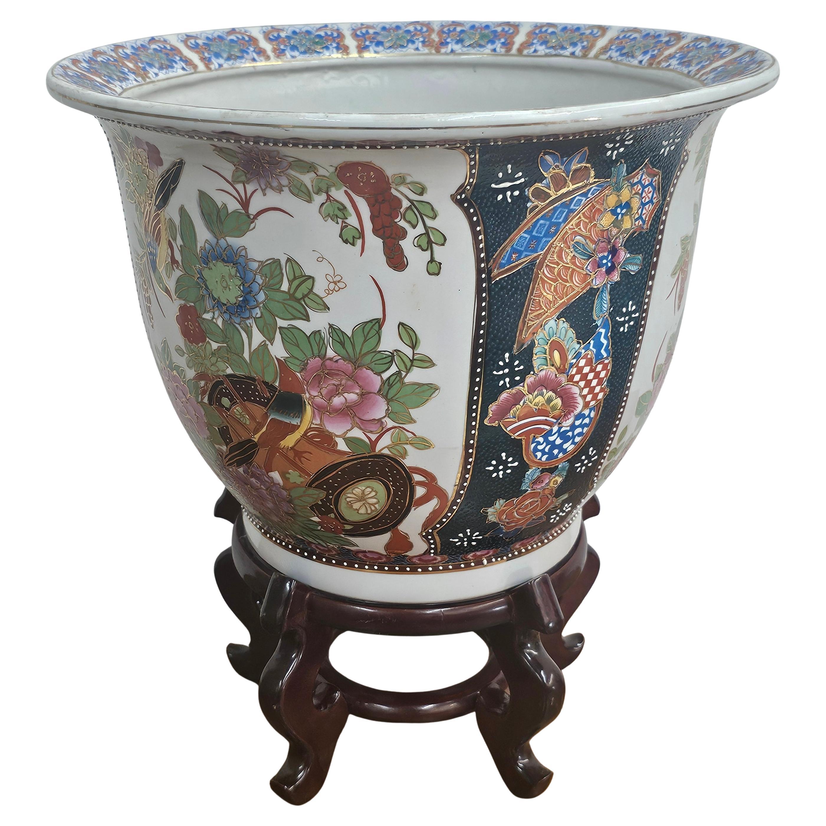Mid Century Chinese Hand-Painted  Porcelain Jardiniere On Hardwood Stand For Sale
