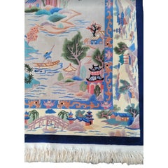 Mid-Century Chinese High Pile Pictorial Area Rug W/ Pagoda & Chinoiserie Scenes