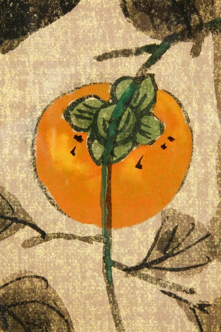 Midcentury Chinese Ink and Color on Paper Persimmon Painting at 1stDibs