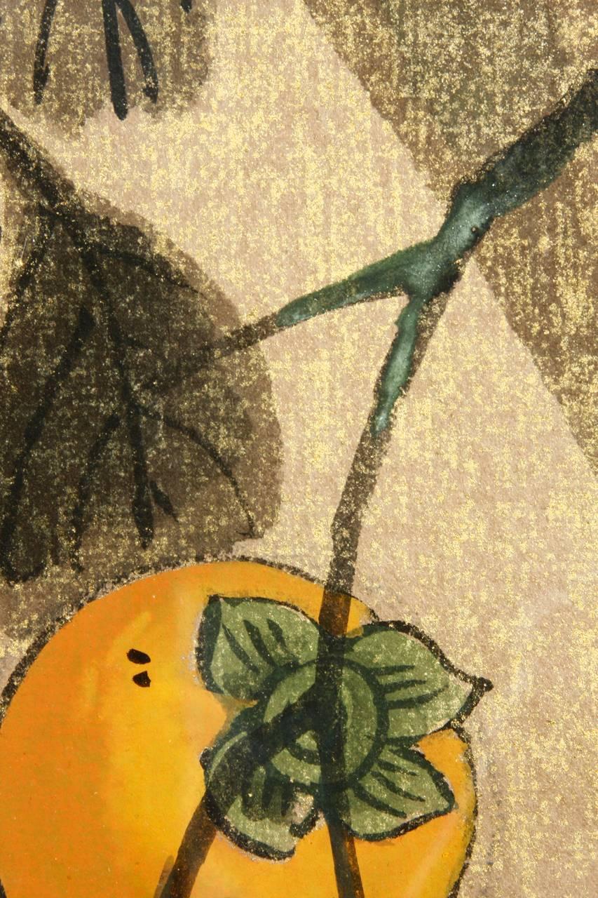 Japanese Midcentury Chinese Ink and Color on Paper Persimmon Painting