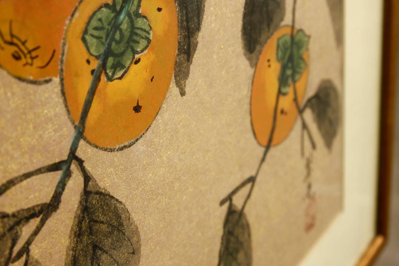 Midcentury Chinese Ink and Color on Paper Persimmon Painting In Excellent Condition In Rio Vista, CA