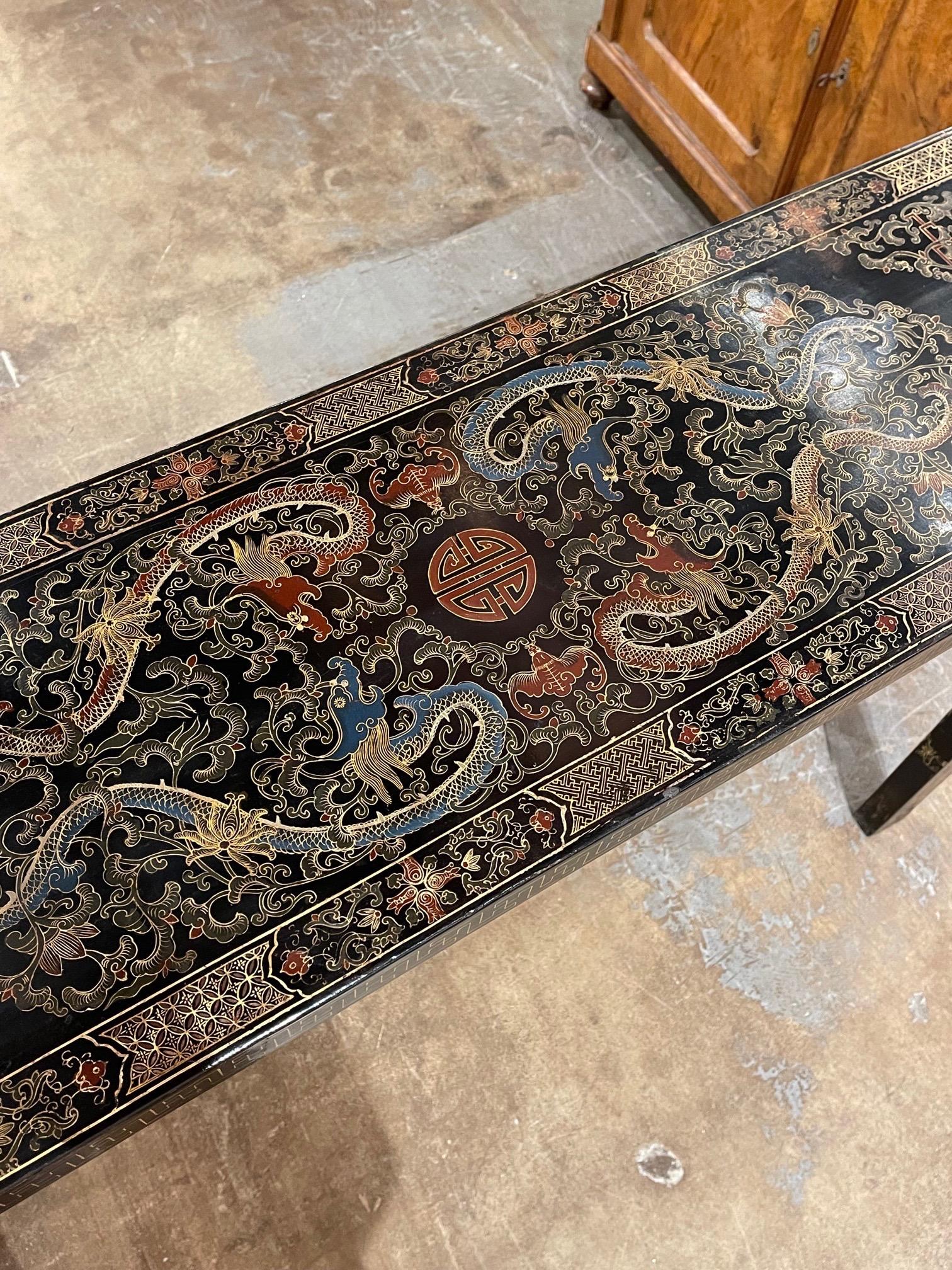 Mid Century Chinese Lacquered and Engraved Narrow Sofa Table In Good Condition In Dallas, TX