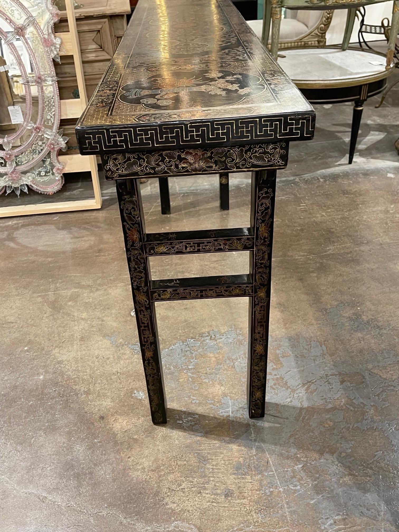 Mid Century Chinese Lacquered and Engraved Narrow Sofa Table 2