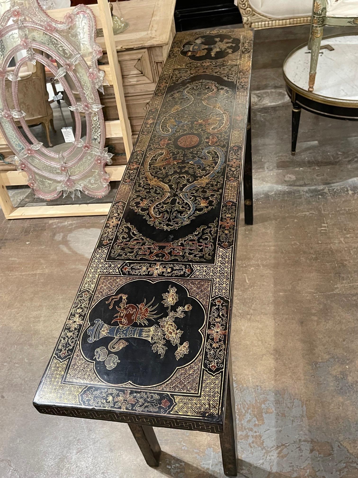 Mid Century Chinese Lacquered and Engraved Narrow Sofa Table 3