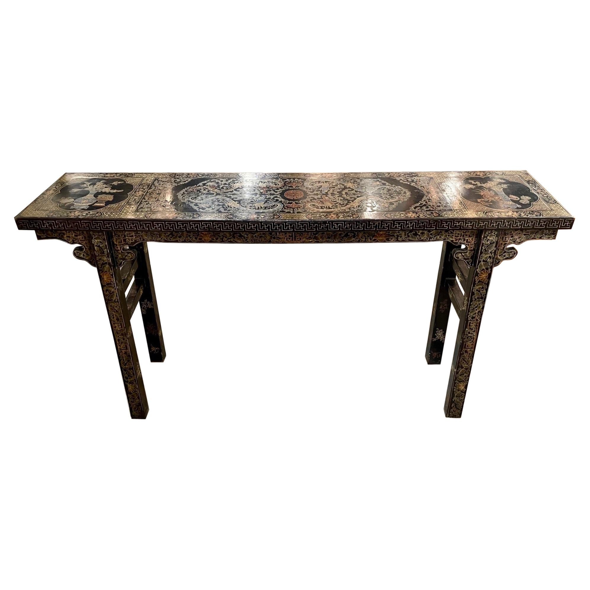 Mid Century Chinese Lacquered and Engraved Narrow Sofa Table