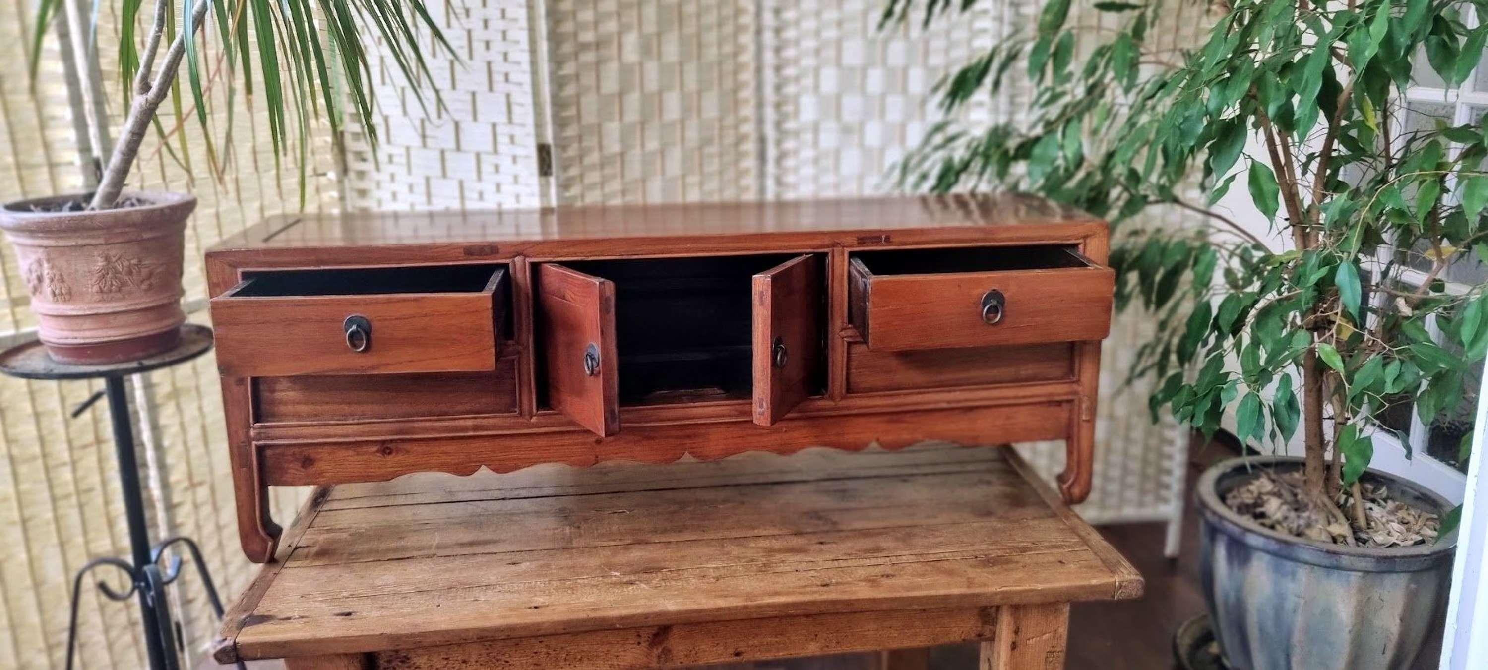 Mid Century Chinese Ming dynasty style hardwood low cabinet In Good Condition For Sale In Walton-On-Thames, GB