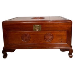 Mid-Century Chinese Ming Style Camphor Wood Blanket Chest with Longevity Symbols