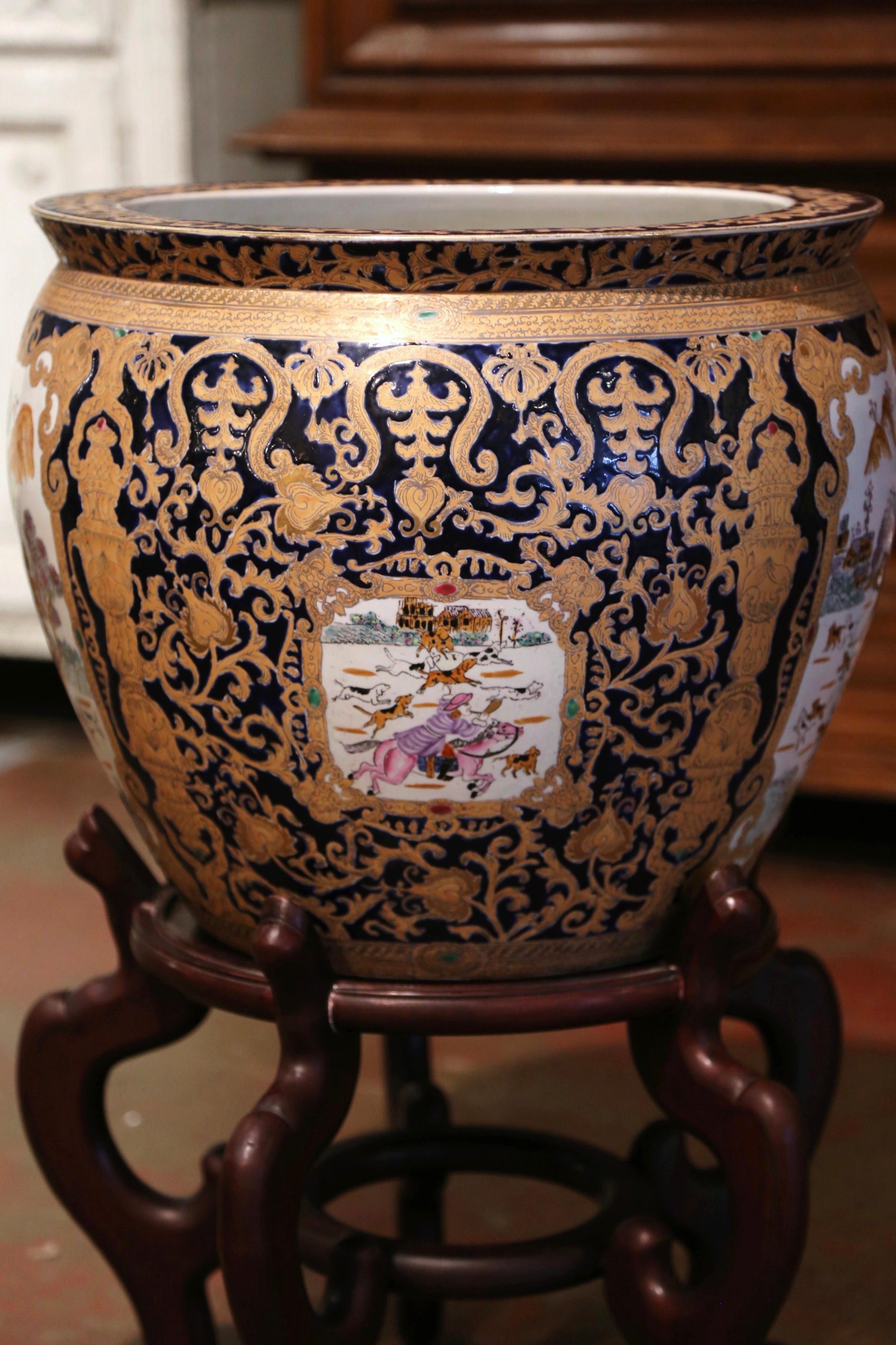 Mid-Century Chinese Painted and Gilt Porcelain Fish Bowl on Wood Stand 8