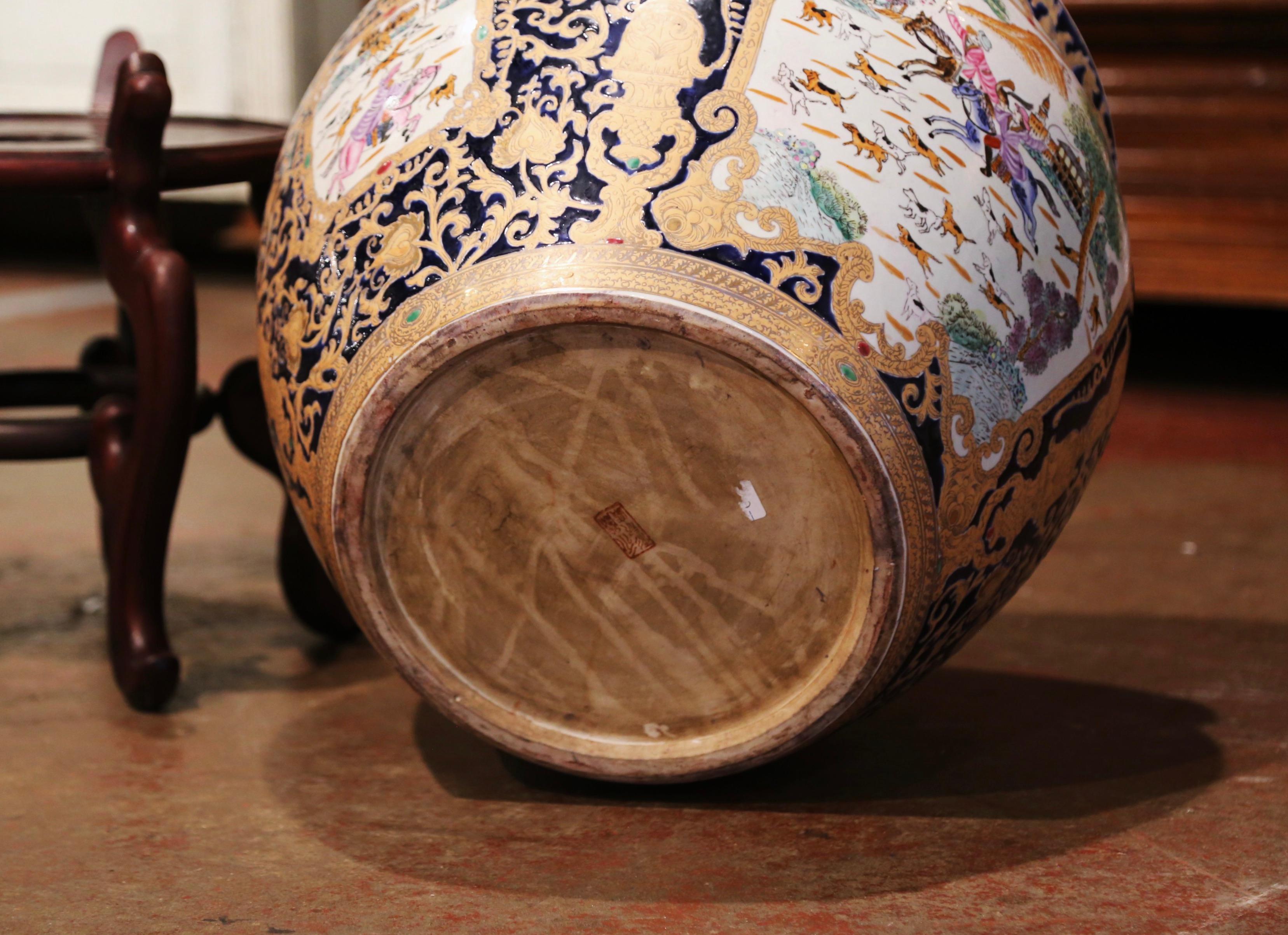 Mid-Century Chinese Painted and Gilt Porcelain Fish Bowl on Wood Stand 11