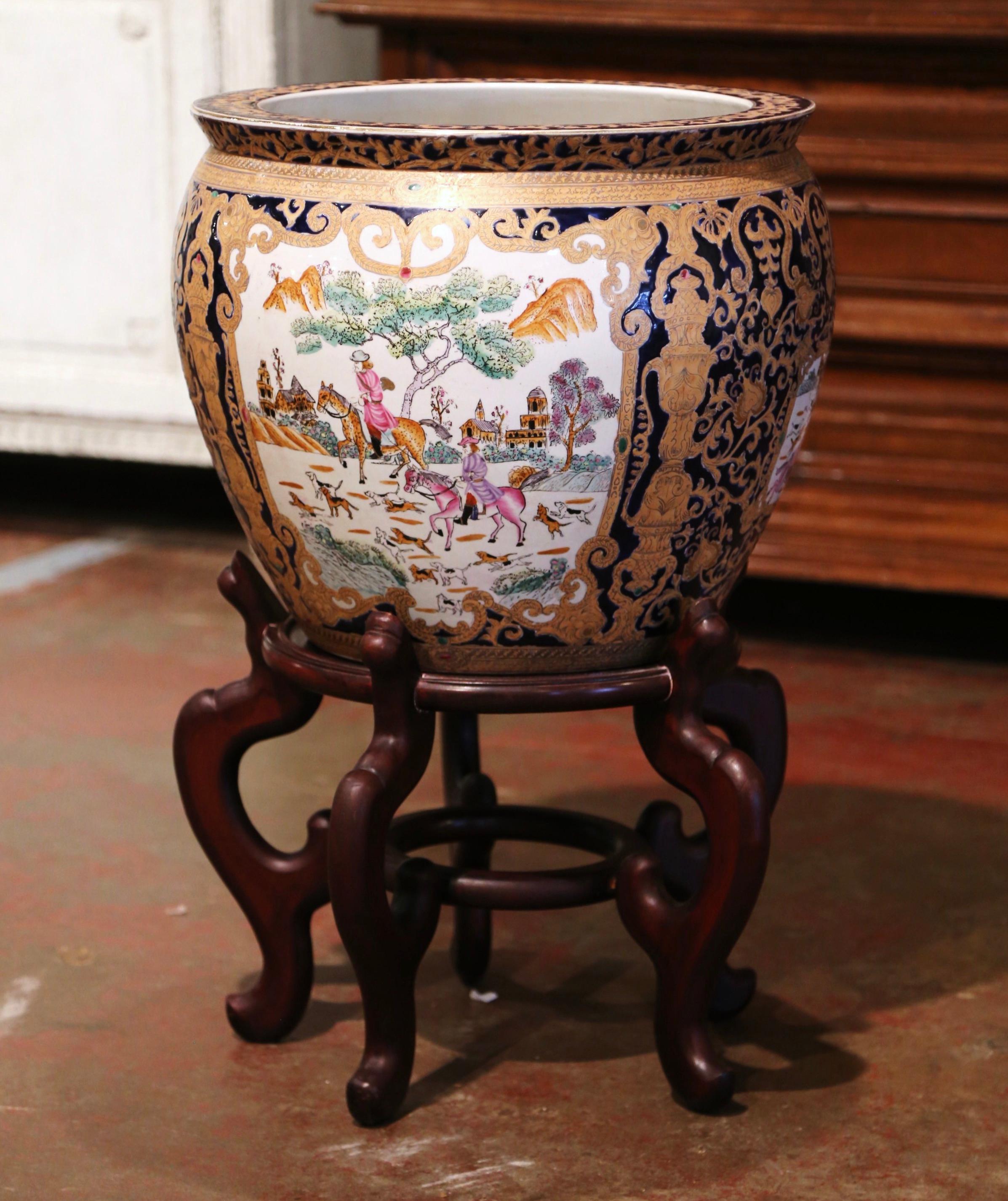 20th Century Mid-Century Chinese Painted and Gilt Porcelain Fish Bowl on Wood Stand