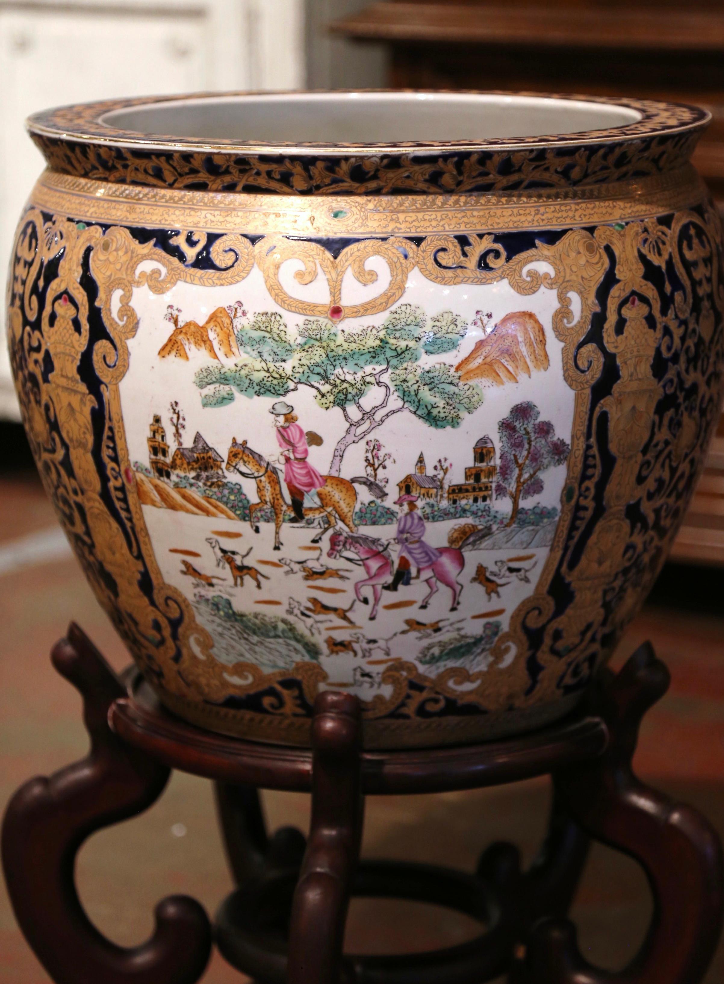 Mid-Century Chinese Painted and Gilt Porcelain Fish Bowl on Wood Stand 3