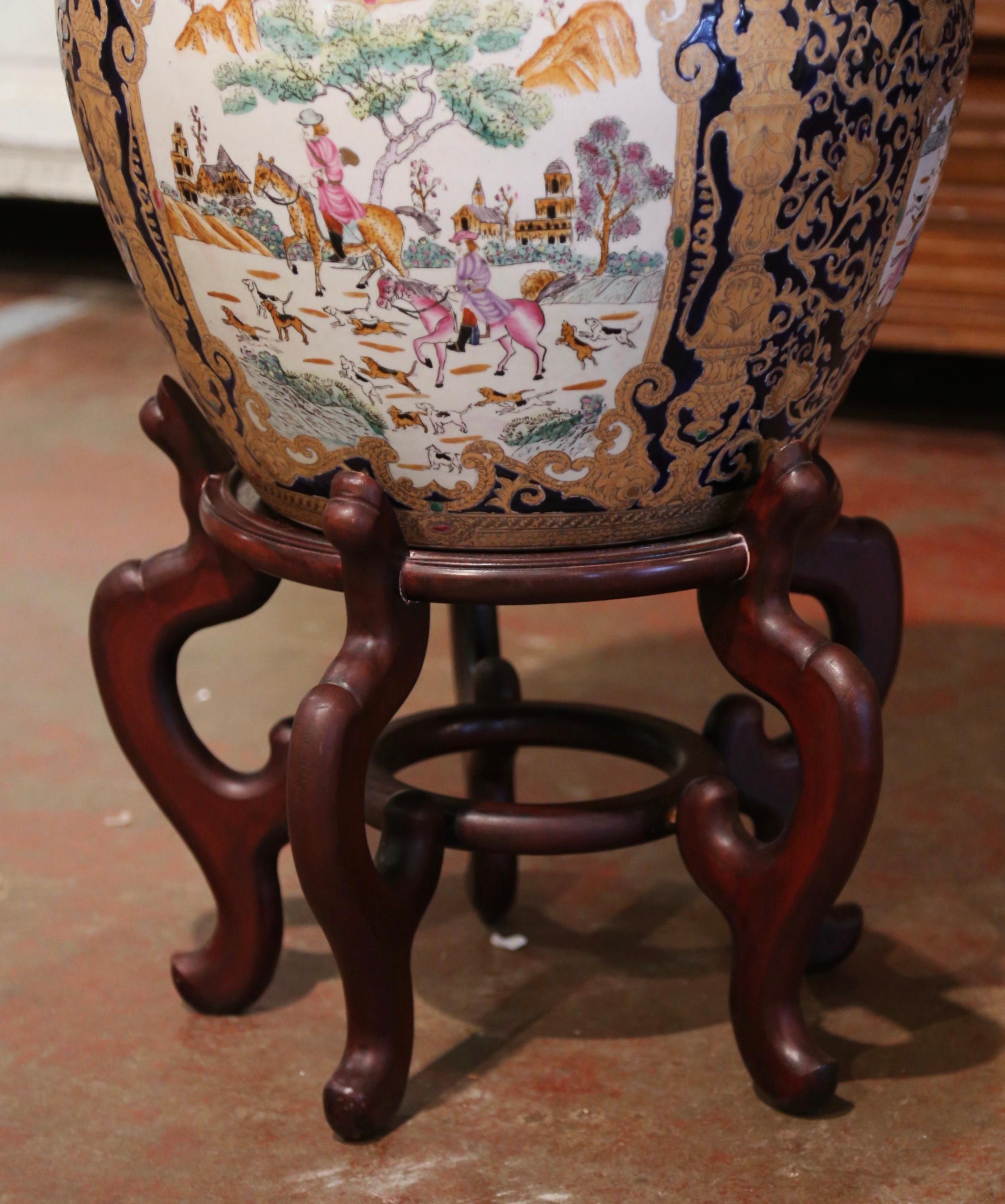 Mid-Century Chinese Painted and Gilt Porcelain Fish Bowl on Wood Stand 4
