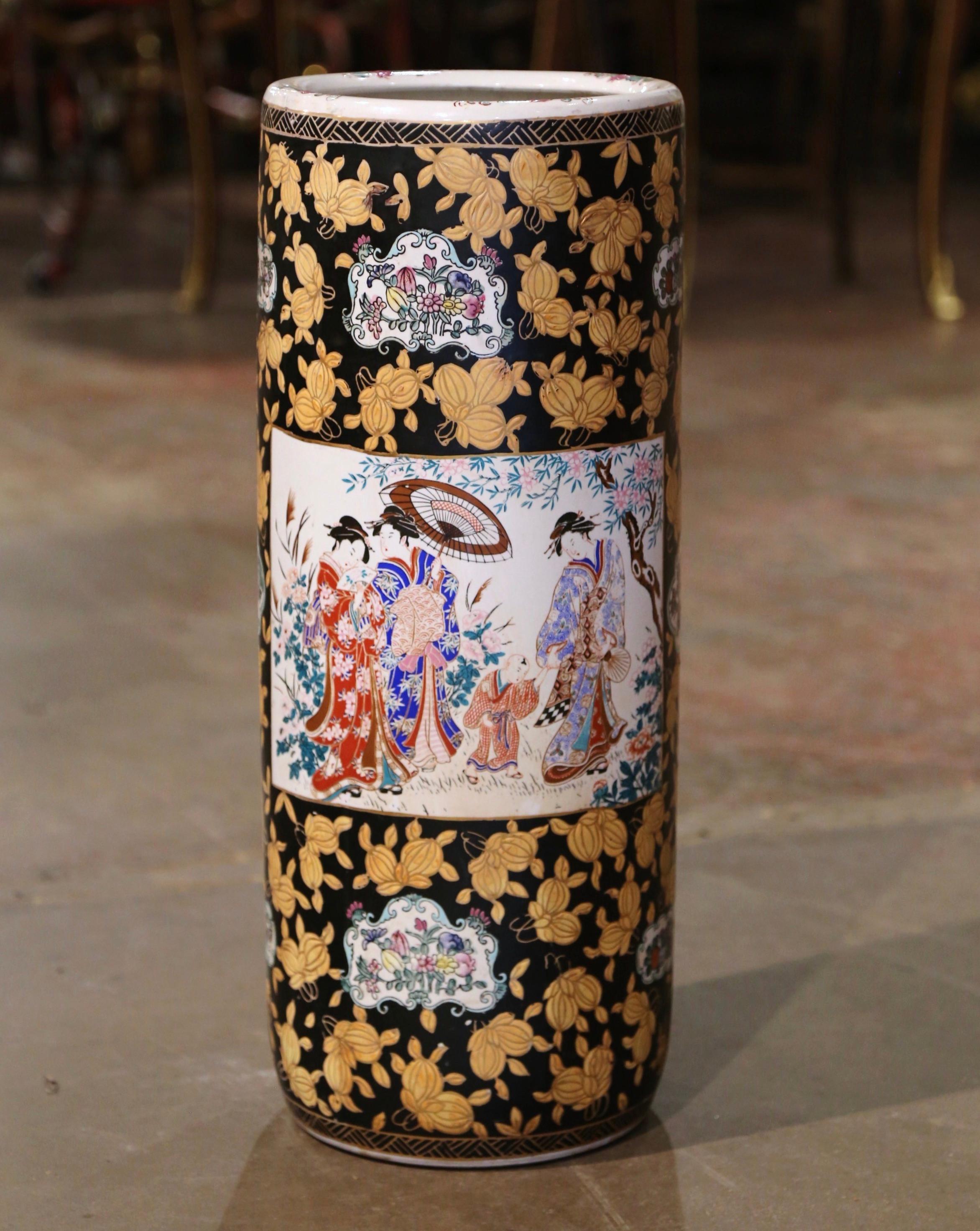 Hand-Painted Mid-Century Chinese Painted & Gilt Famille Rose Porcelain Umbrella Stand For Sale