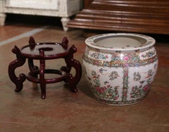 Mid-Century Chinese Painted Porcelain Fish Bowl on Carved Walnut Stand