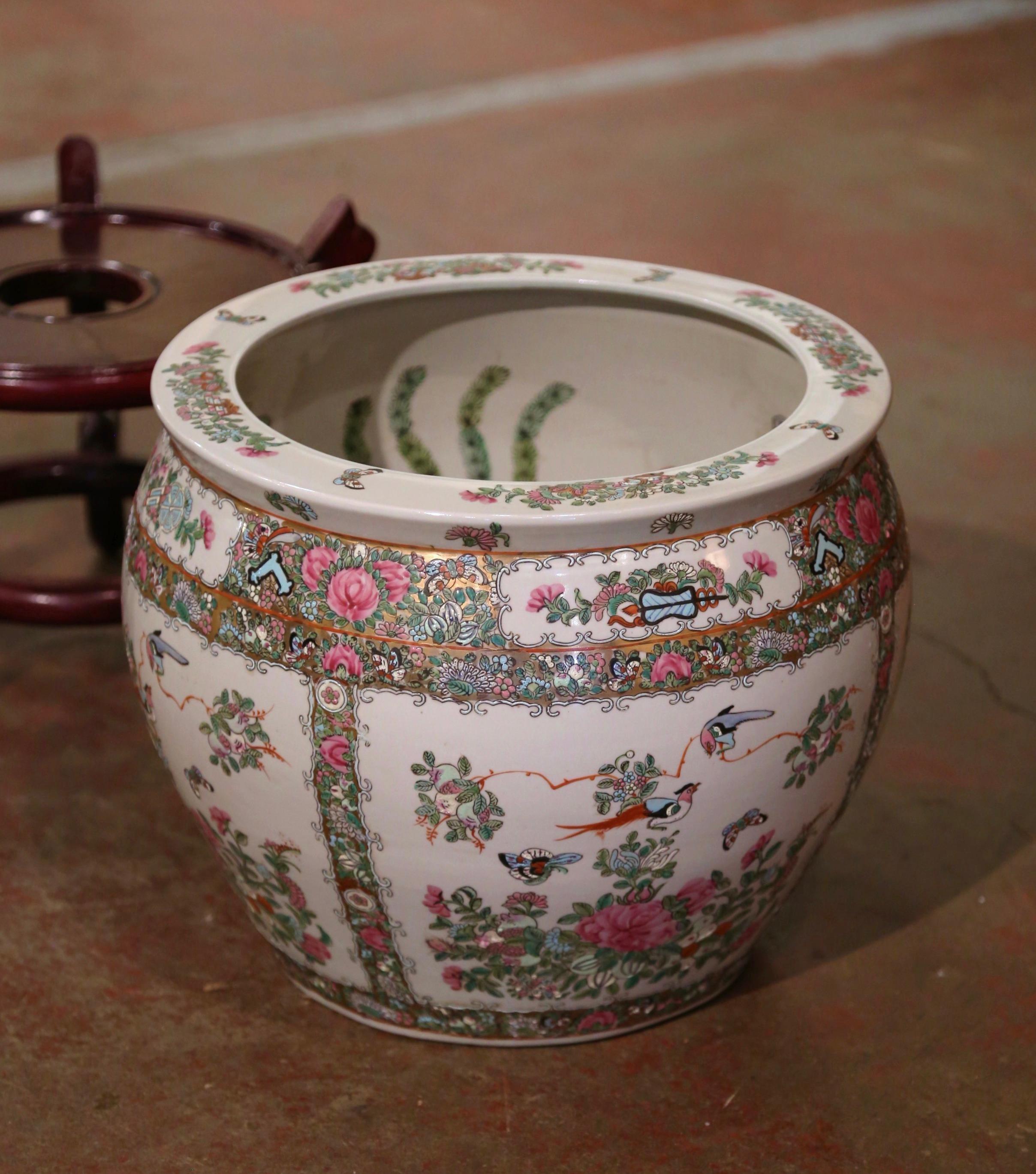 20th Century Mid-Century Chinese Painted Porcelain Fish Bowl on Carved Walnut Stand