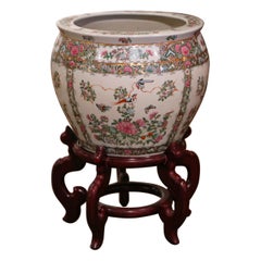 Mid-Century Chinese Painted Porcelain Fish Bowl on Carved Walnut Stand