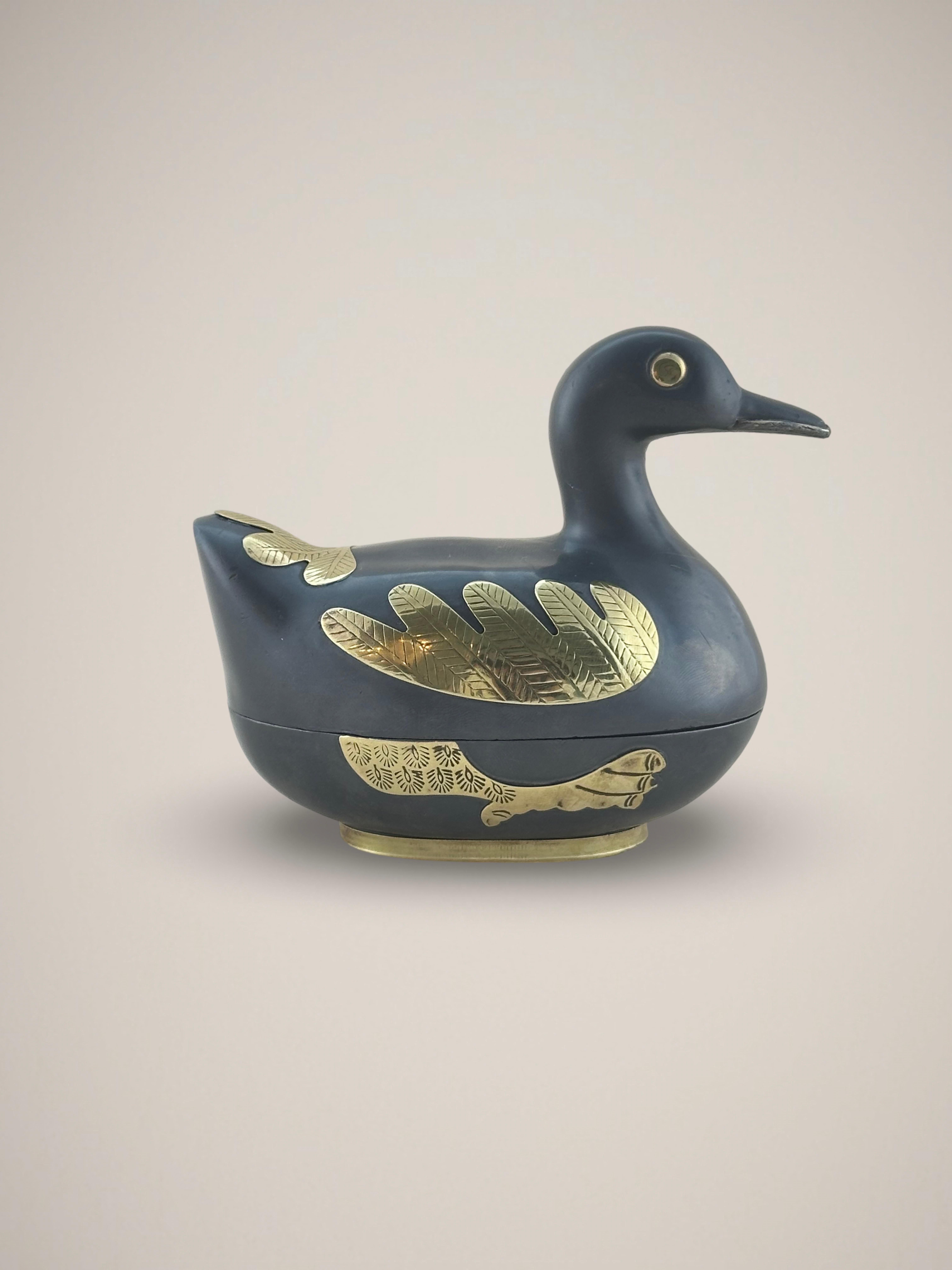Hong Kong Mid-Century Chinese Pewter and Brass Duck Shaped Trinket Box  For Sale