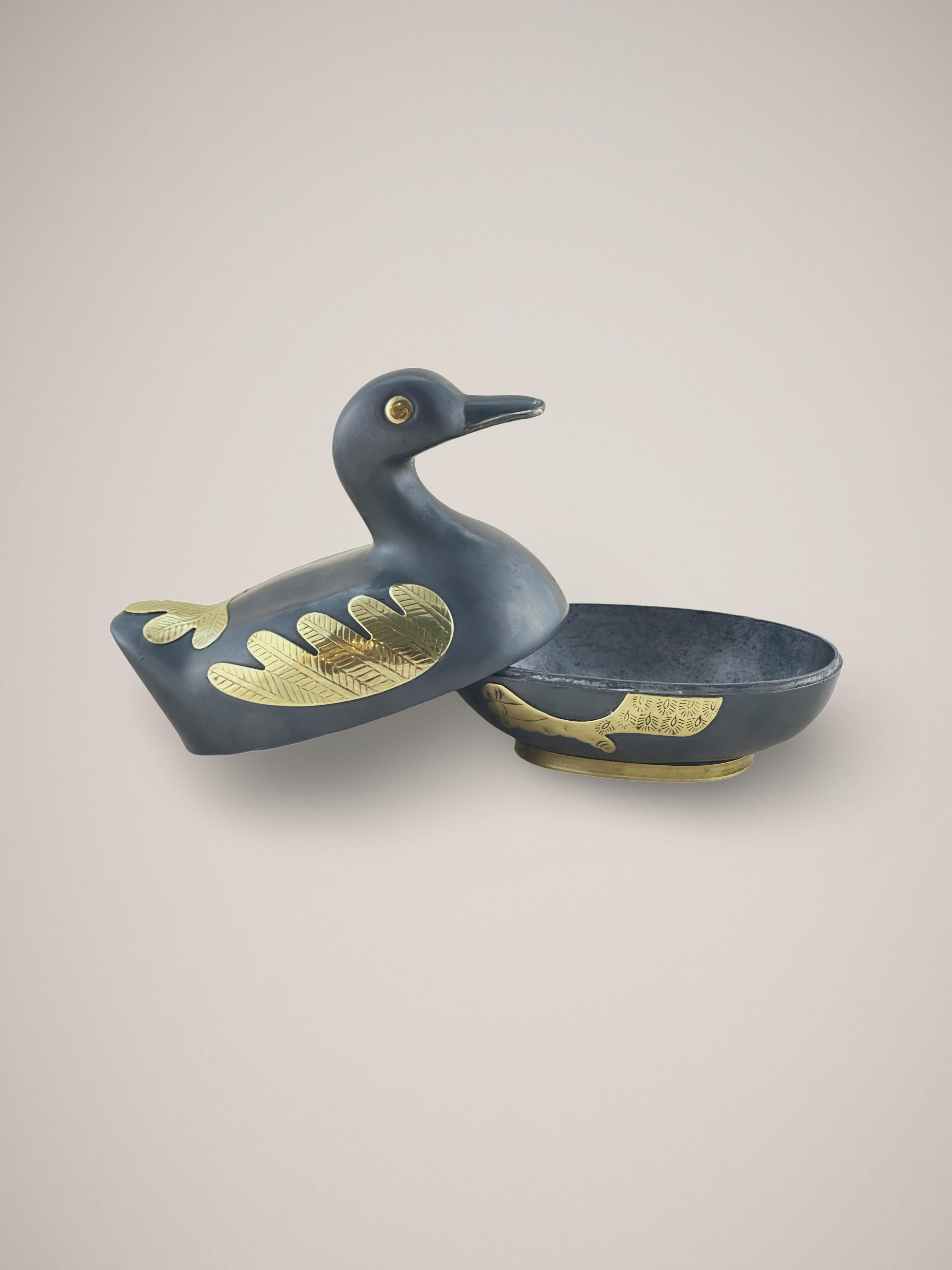 Appliqué Mid-Century Chinese Pewter and Brass Duck Shaped Trinket Box  For Sale