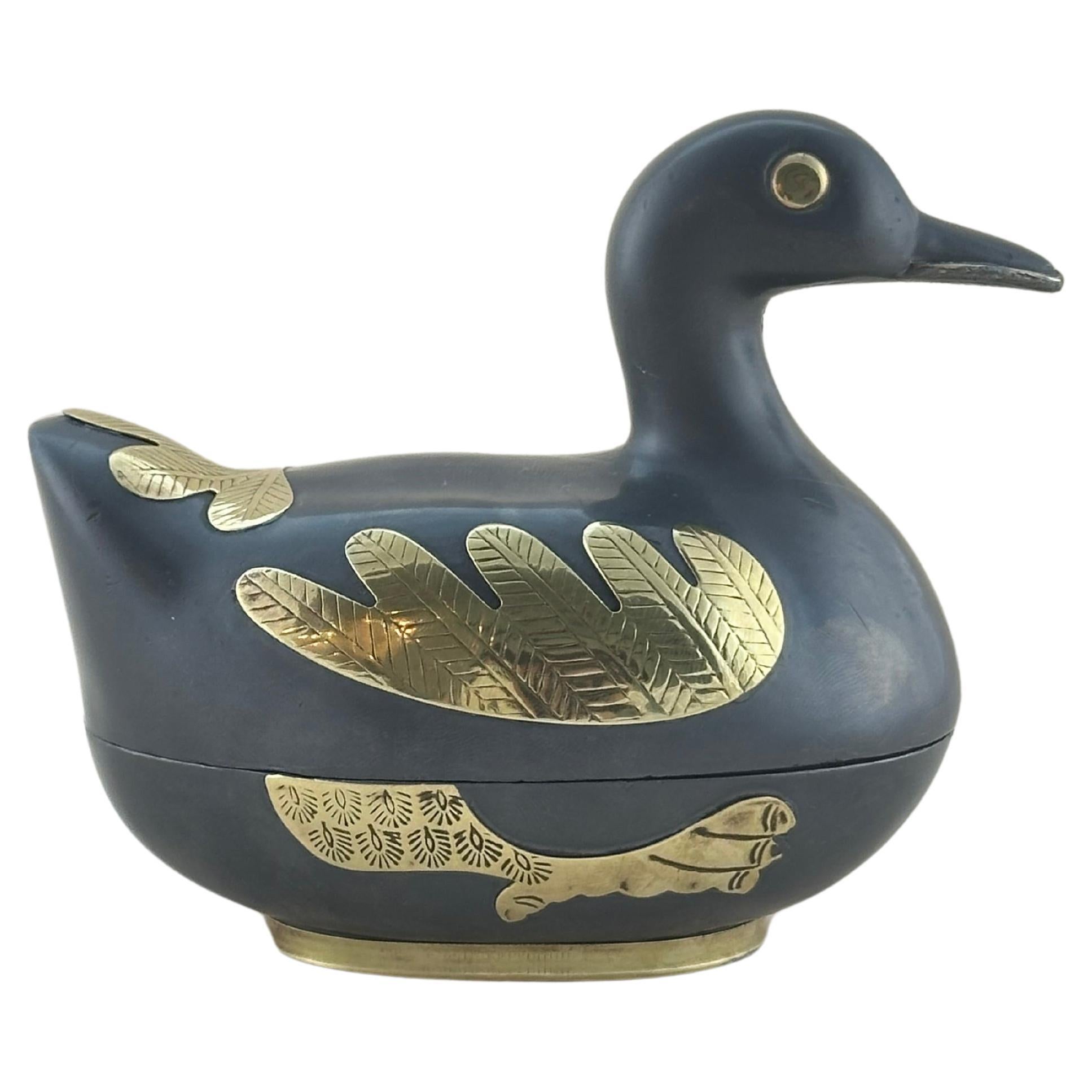 Mid-Century Chinese Pewter and Brass Duck Shaped Trinket Box  For Sale