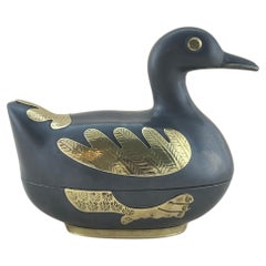 Vintage Mid-Century Chinese Pewter and Brass Duck Shaped Trinket Box 
