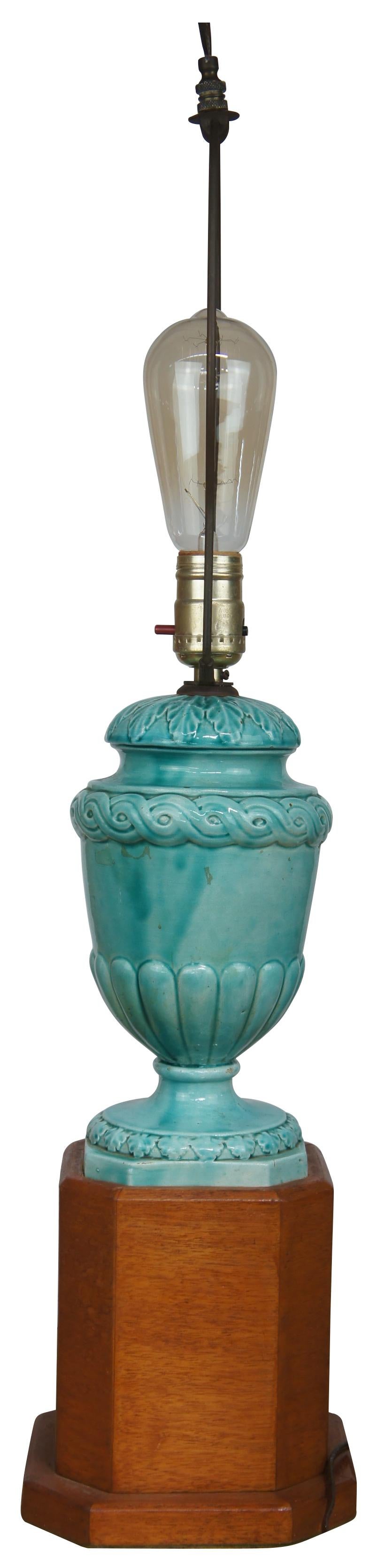 Mid Century Chinese Porcelain Celadon Urn Vase Lamp Stand Chinoiserie Boho Chic In Good Condition For Sale In Dayton, OH