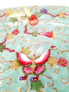 Midcentury Chinese Porcelain Famille Hand Painted Butterfly Oval Platter