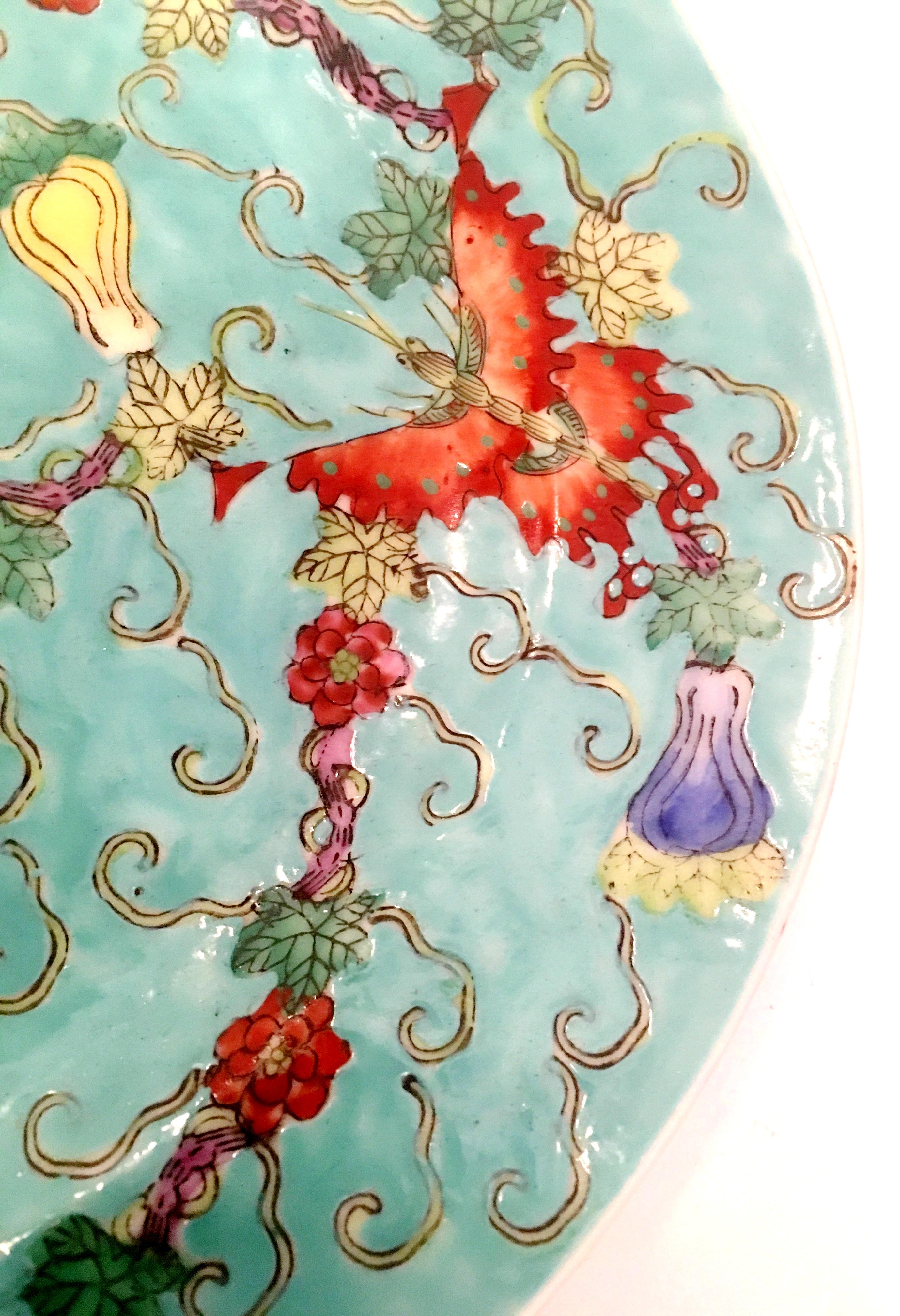 Hand-Painted Midcentury Chinese Porcelain Famille Hand Painted Butterfly Oval Platter