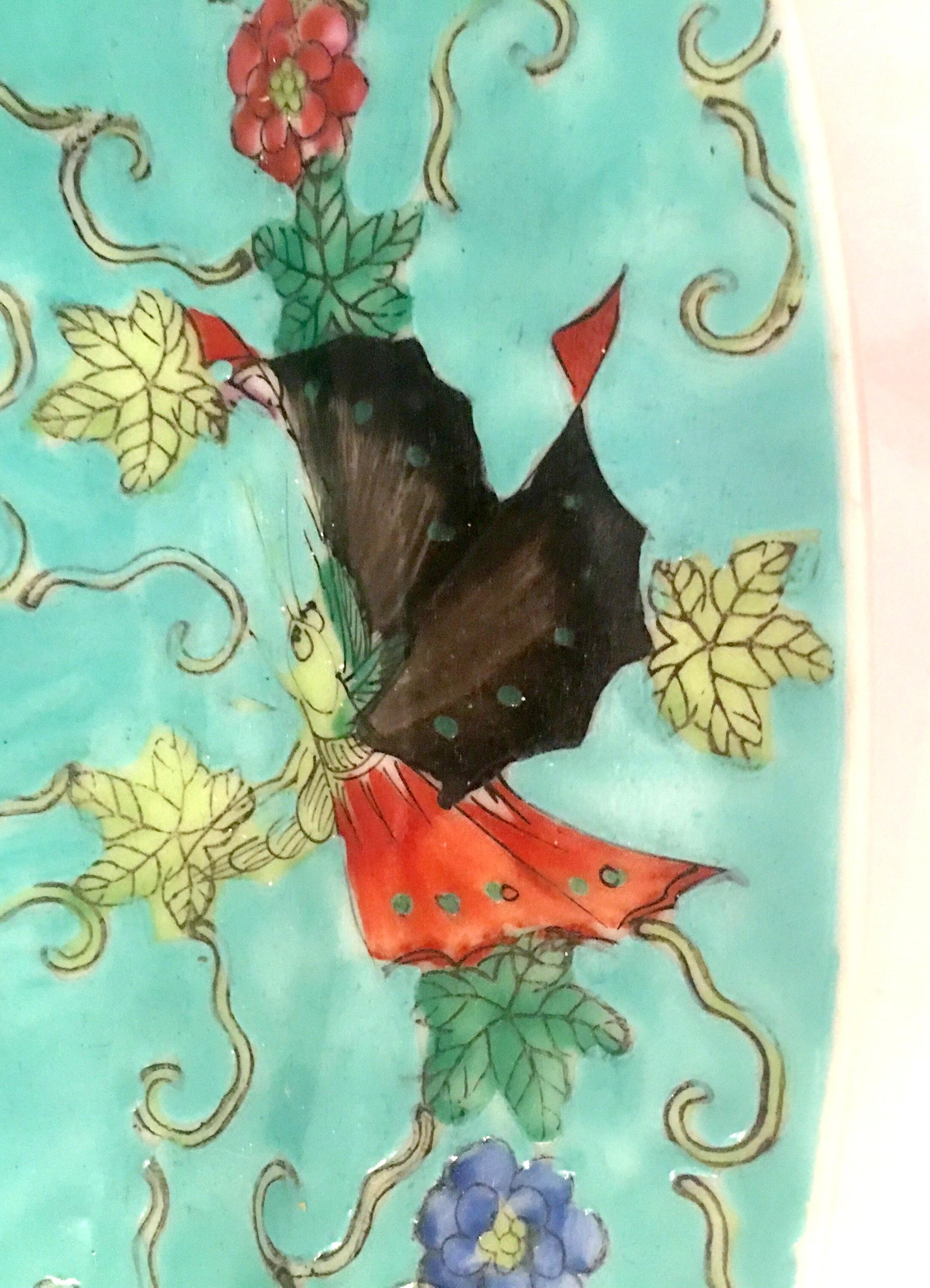 Midcentury Chinese Porcelain Famille Hand Painted Butterfly Oval Platter In Good Condition In West Palm Beach, FL