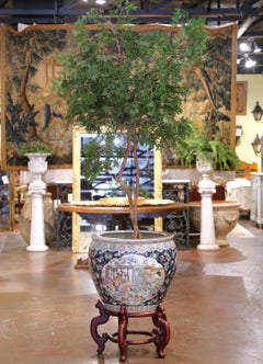 Mid-Century Chinese Porcelain Fish Bowl on Carved Wooden Stand and Faux Tree