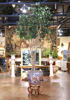 Mid-Century Chinese Porcelain Fish Bowl on Carved Wooden Stand and Faux Tree