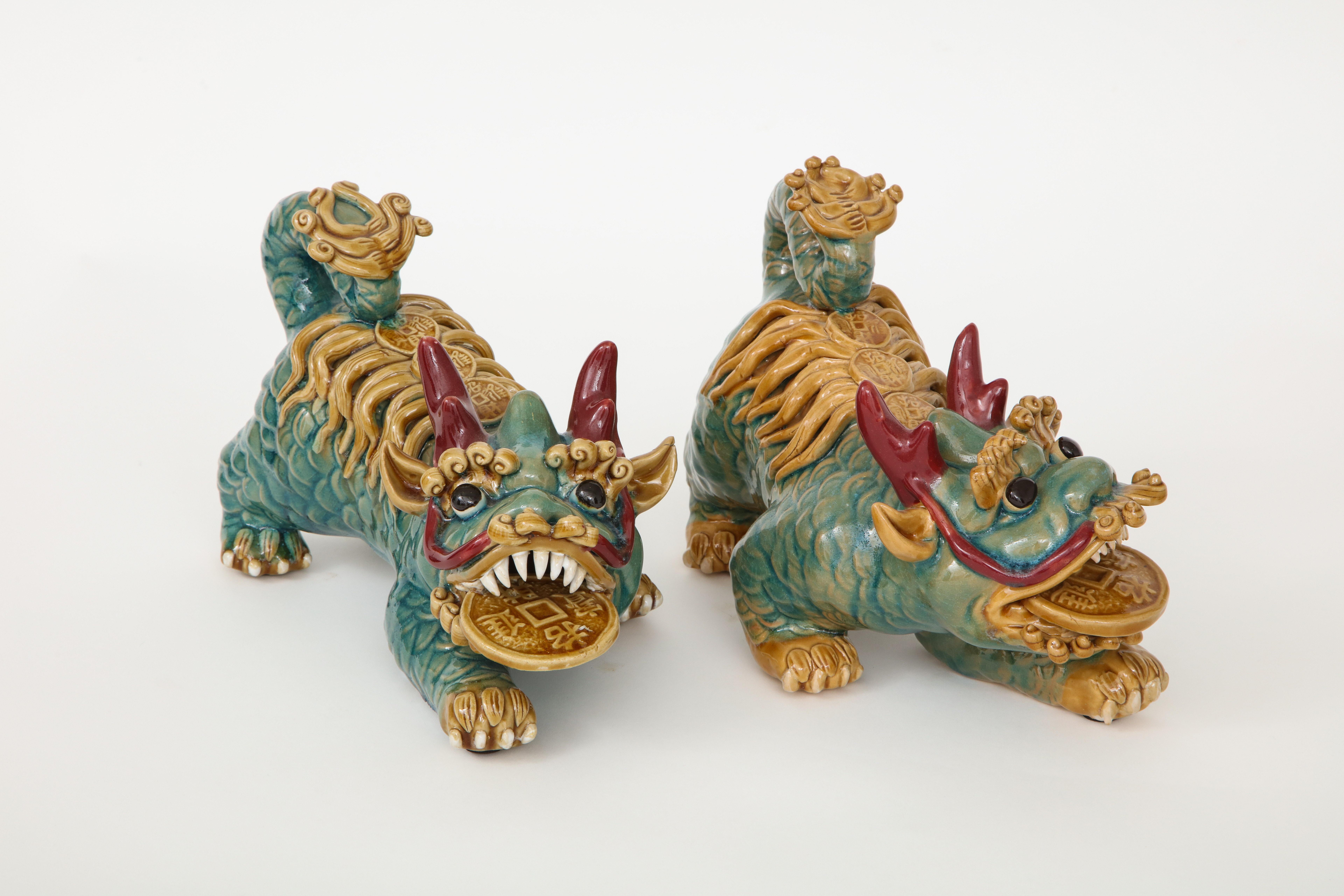 Hand-Painted Midcentury Chinese Porcelain Foo Dogs