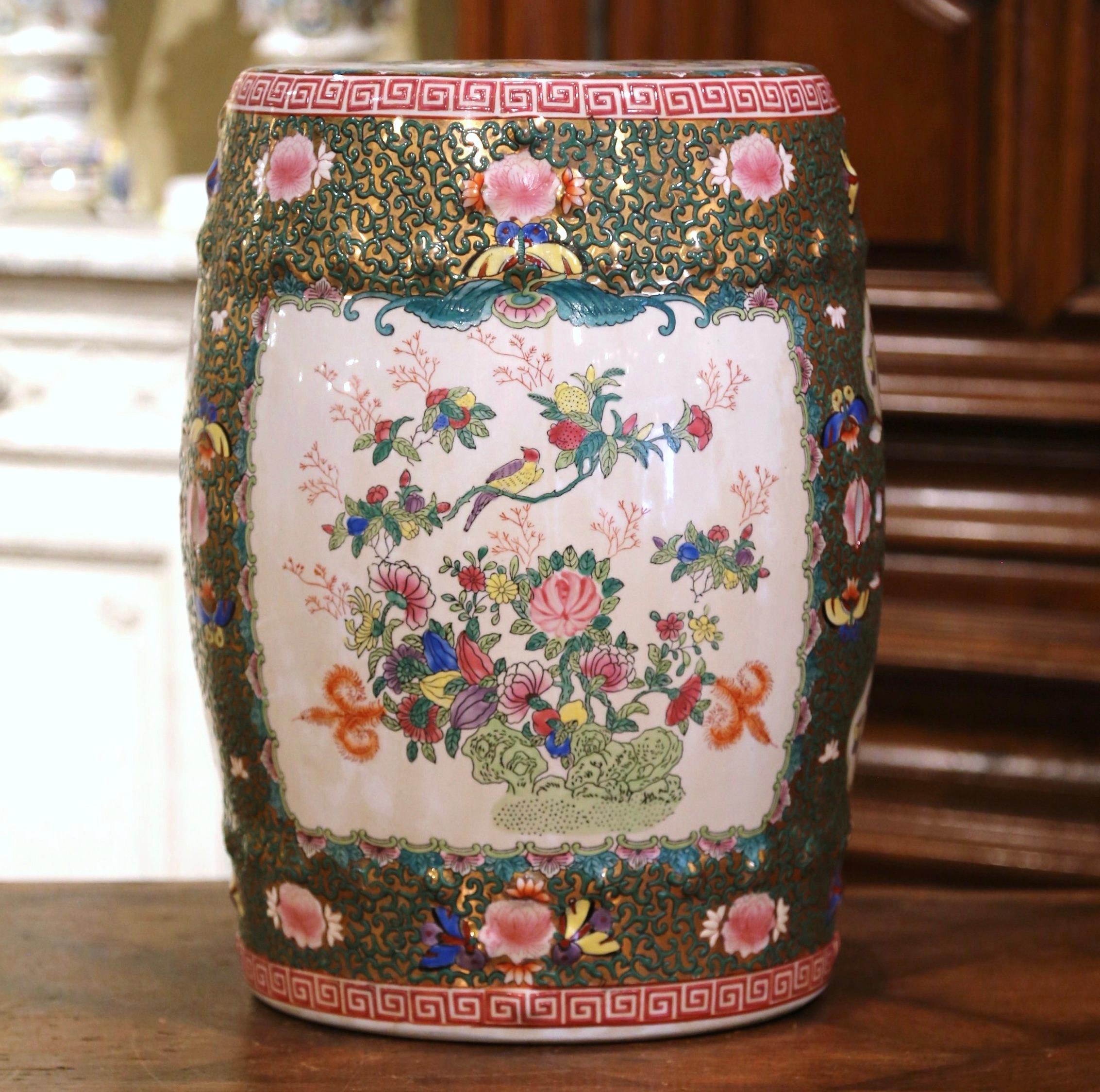 Gilt Mid-Century Chinese Porcelain Garden Stool with Bird and Floral Decor