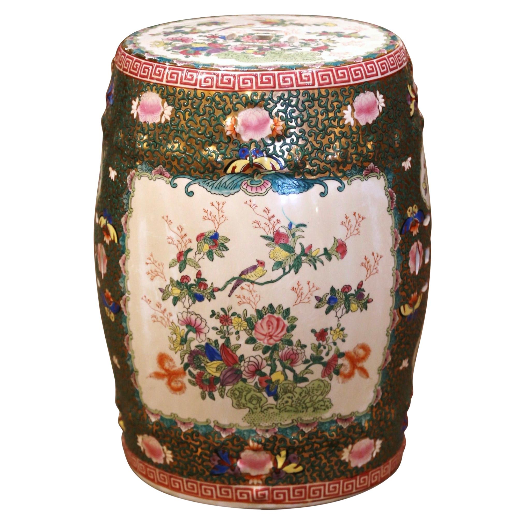 Mid-Century Chinese Porcelain Garden Stool with Bird and Floral Decor