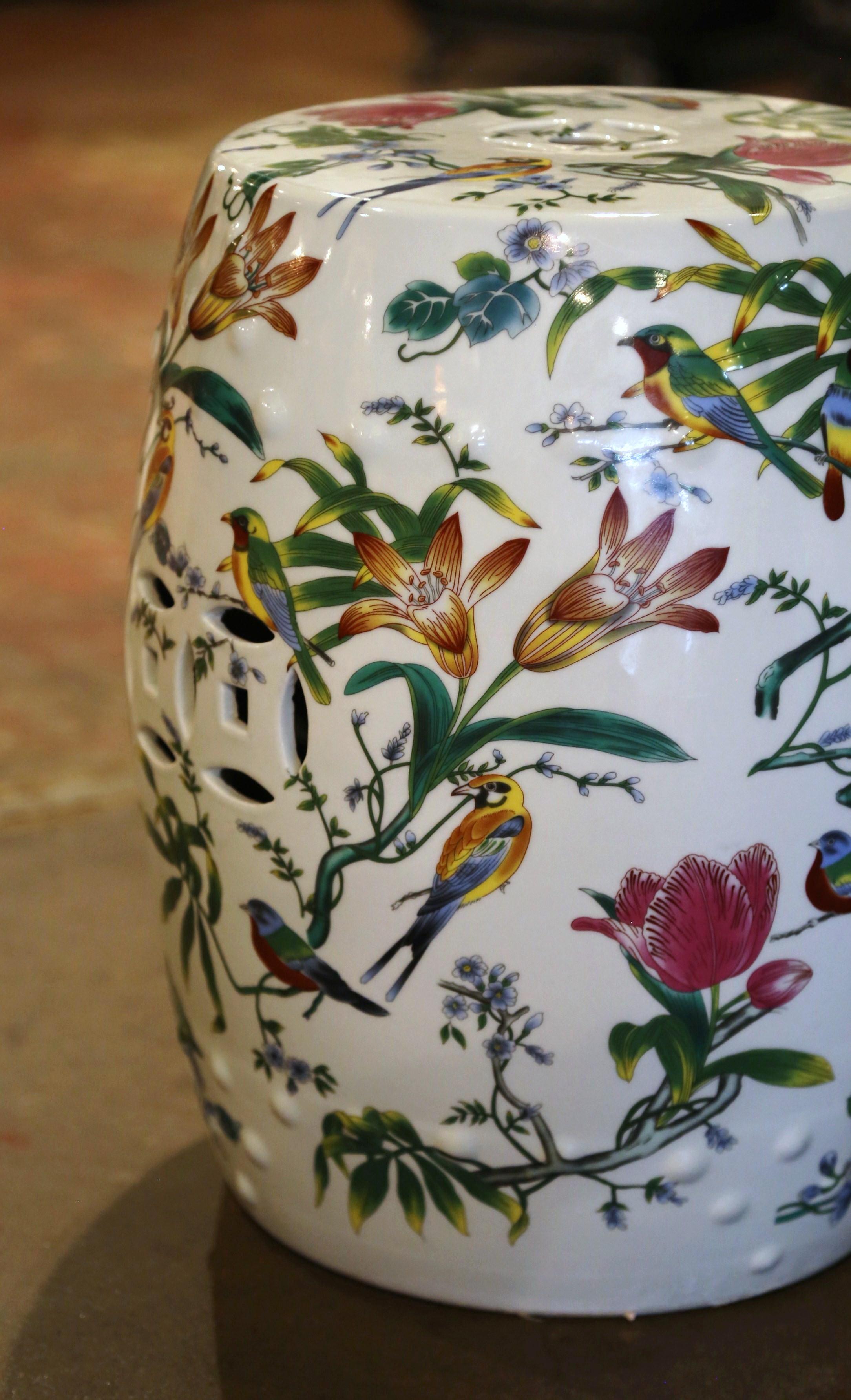 Hand-Painted Mid-Century Chinese Porcelain Garden Stool with Bird and Floral Motifs For Sale