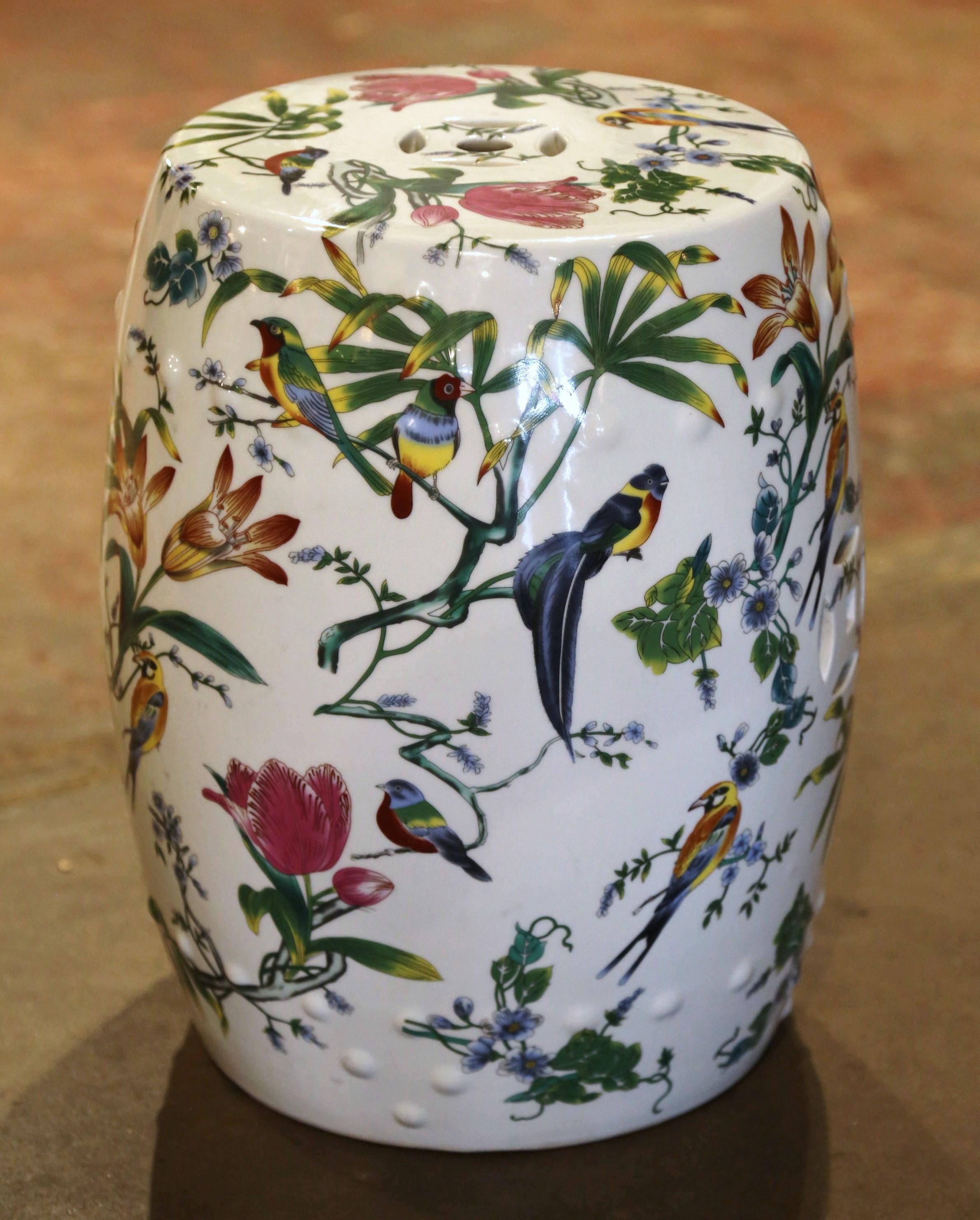 Mid-Century Chinese Porcelain Garden Stool with Bird and Floral Motifs In Excellent Condition For Sale In Dallas, TX