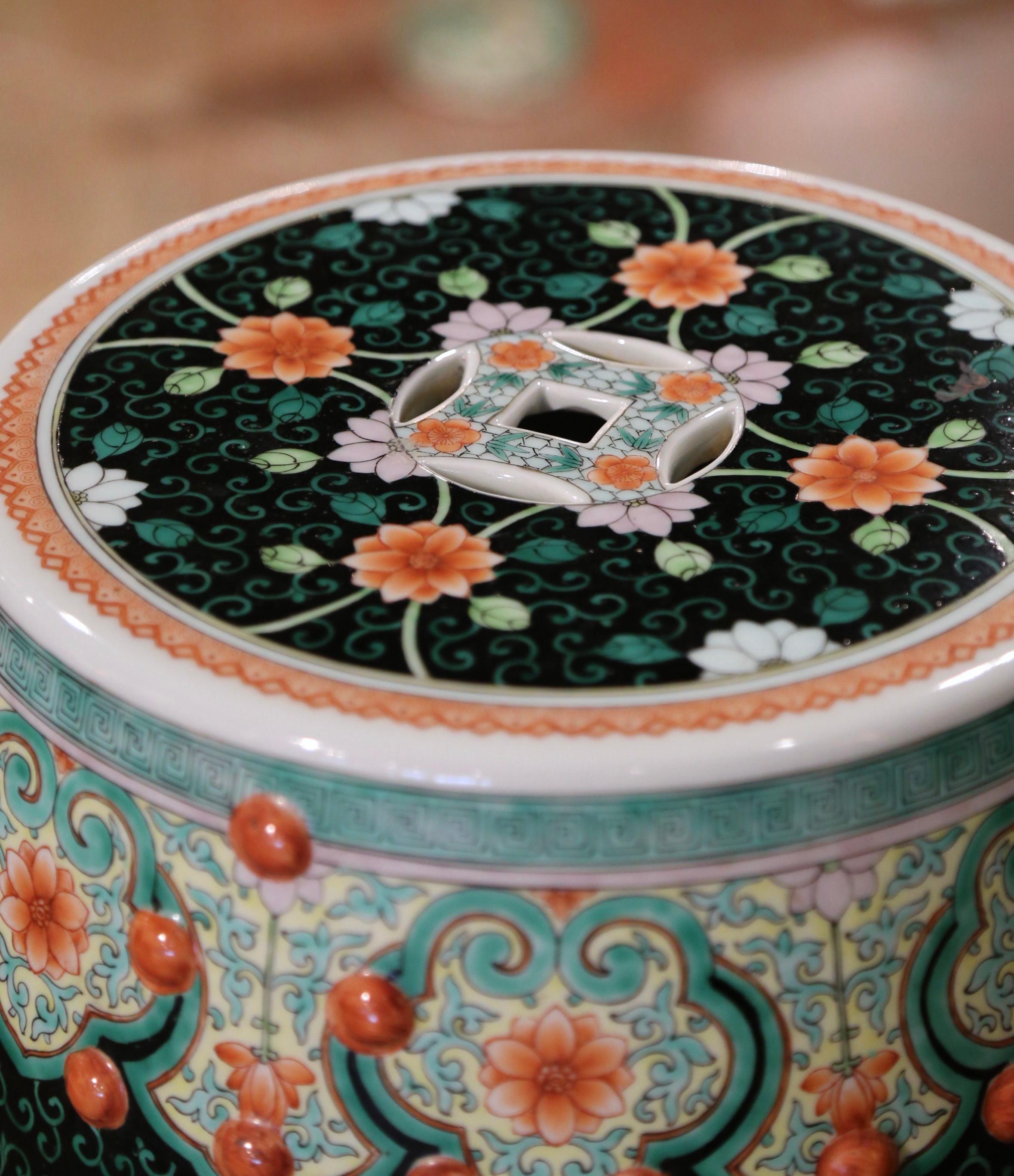 Hand-Painted Mid-Century Chinese Porcelain Garden Stool with Figural & Floral Motifs For Sale