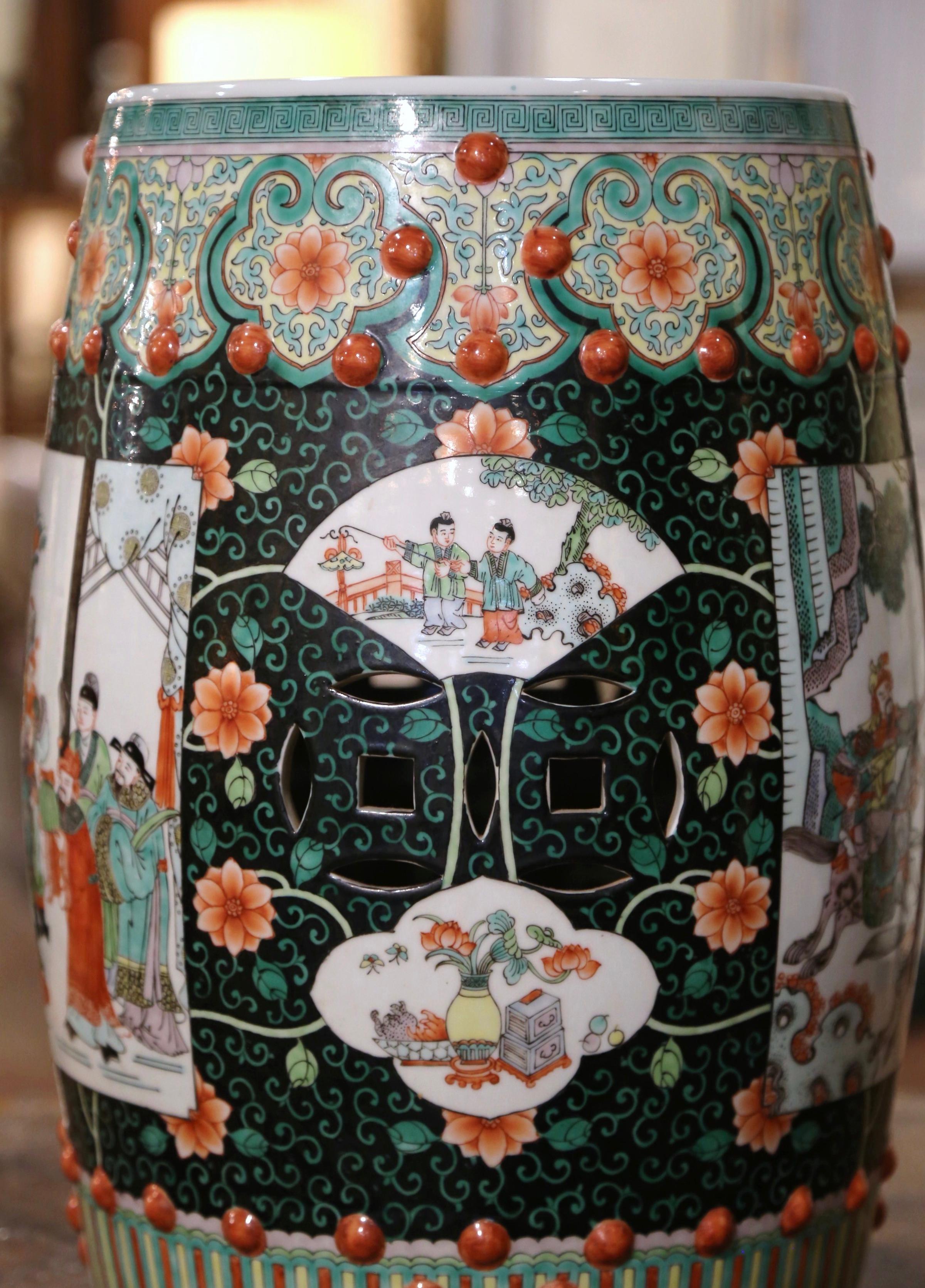 20th Century Mid-Century Chinese Porcelain Garden Stool with Figural & Floral Motifs For Sale