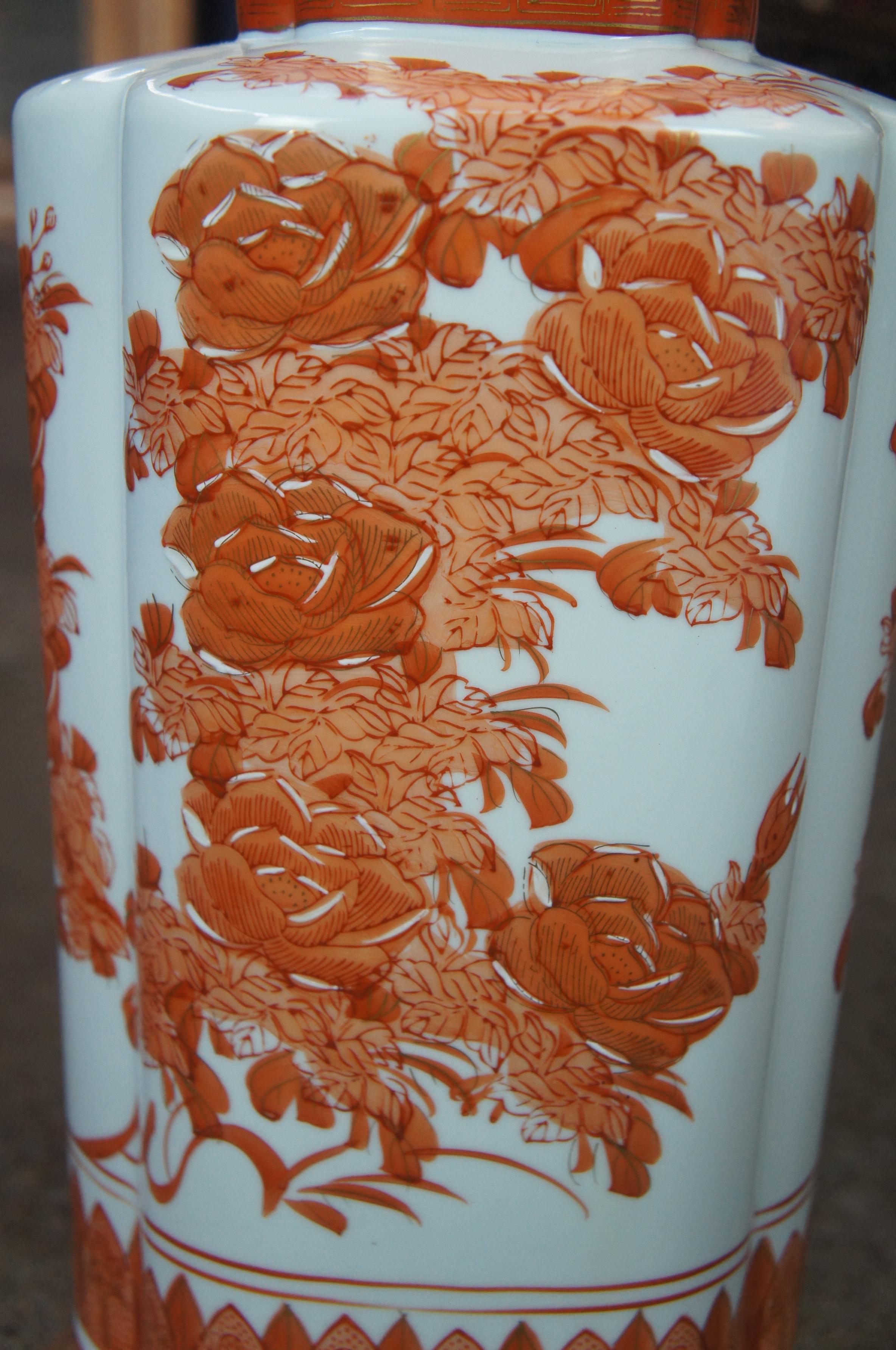 20th Century Mid Century Chinese Porcelain Scalloped Floral Coral Roses Mantel Vase Urn Lamp
