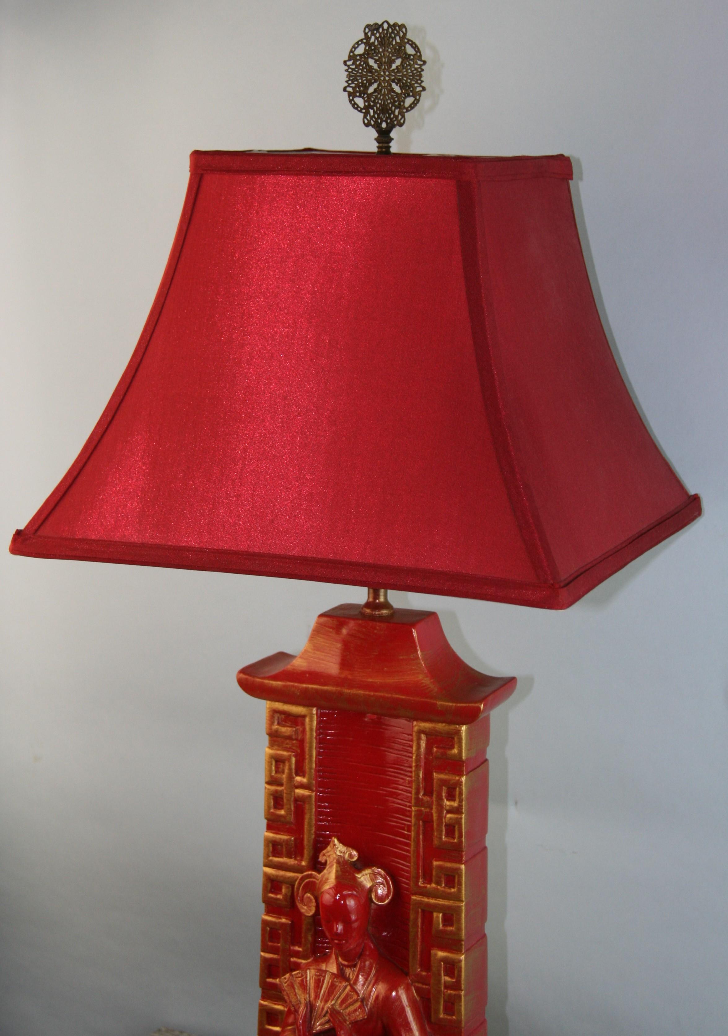 Mid-Century Chinese Red and Gold Figural Table Lamp For Sale 10