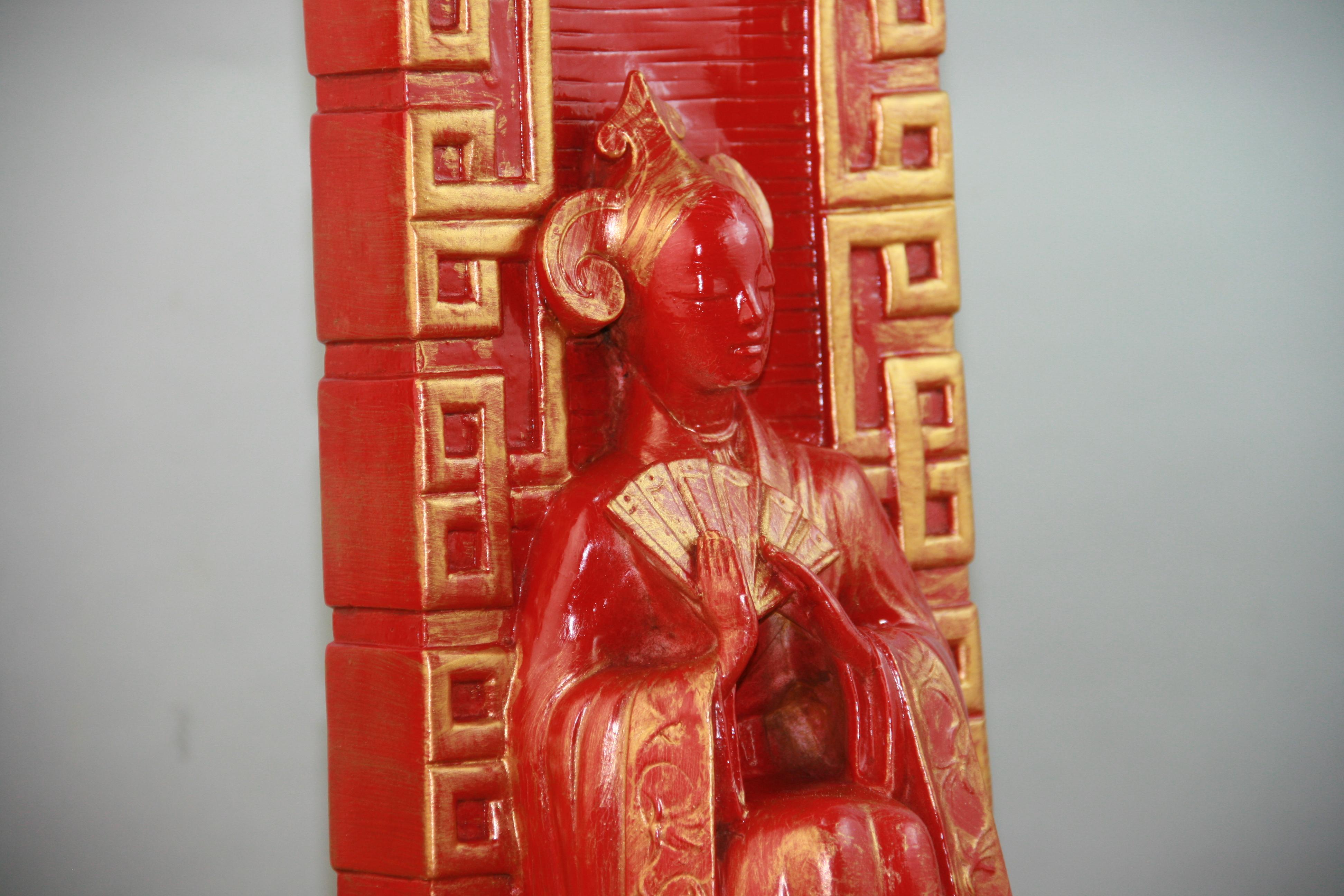 Plaster Mid-Century Chinese Red and Gold Figural Table Lamp For Sale