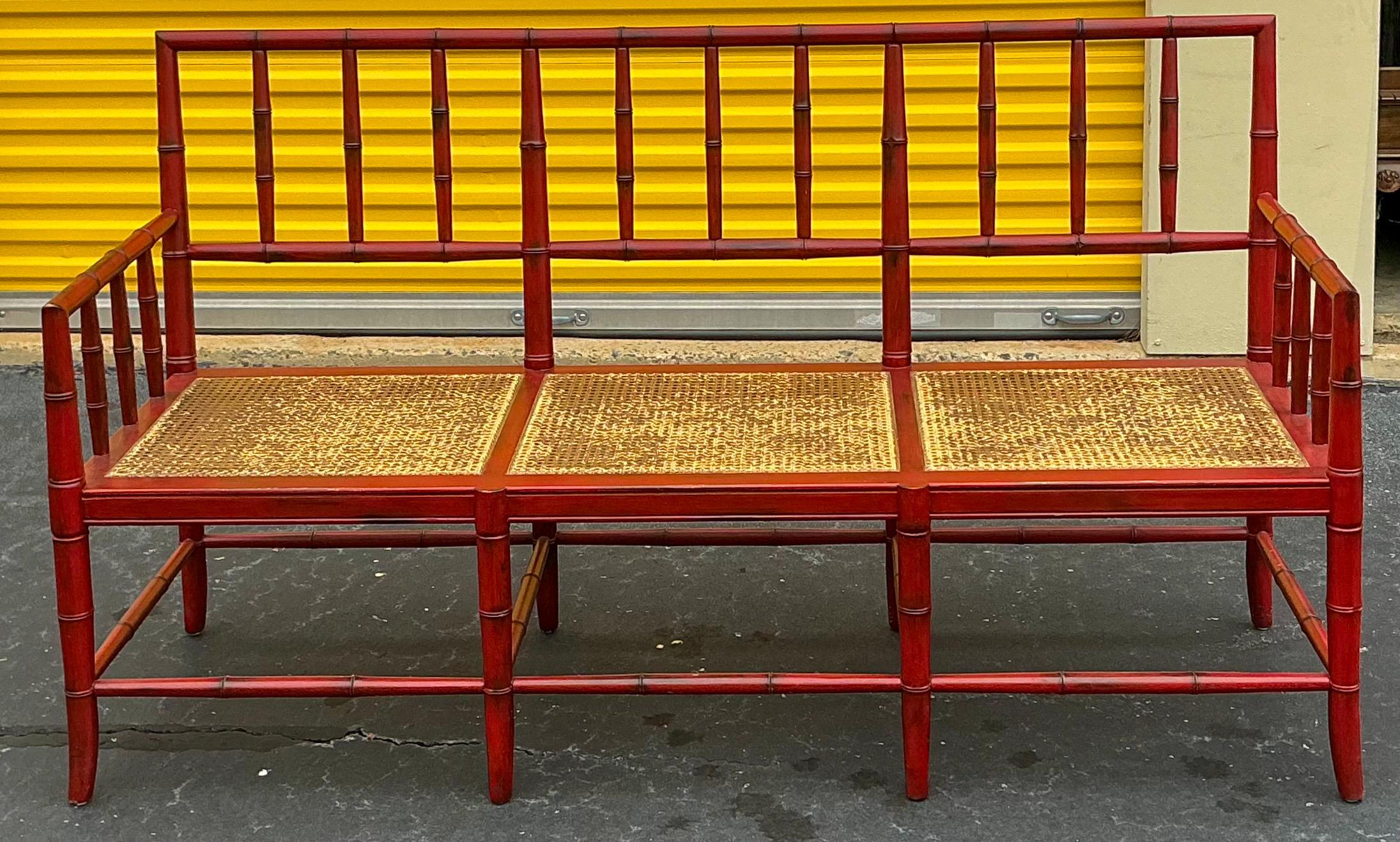 Chinese Chippendale Mid-Century Chinese Red Chippendale Style Faux Bamboo & Cane Settee / Bench