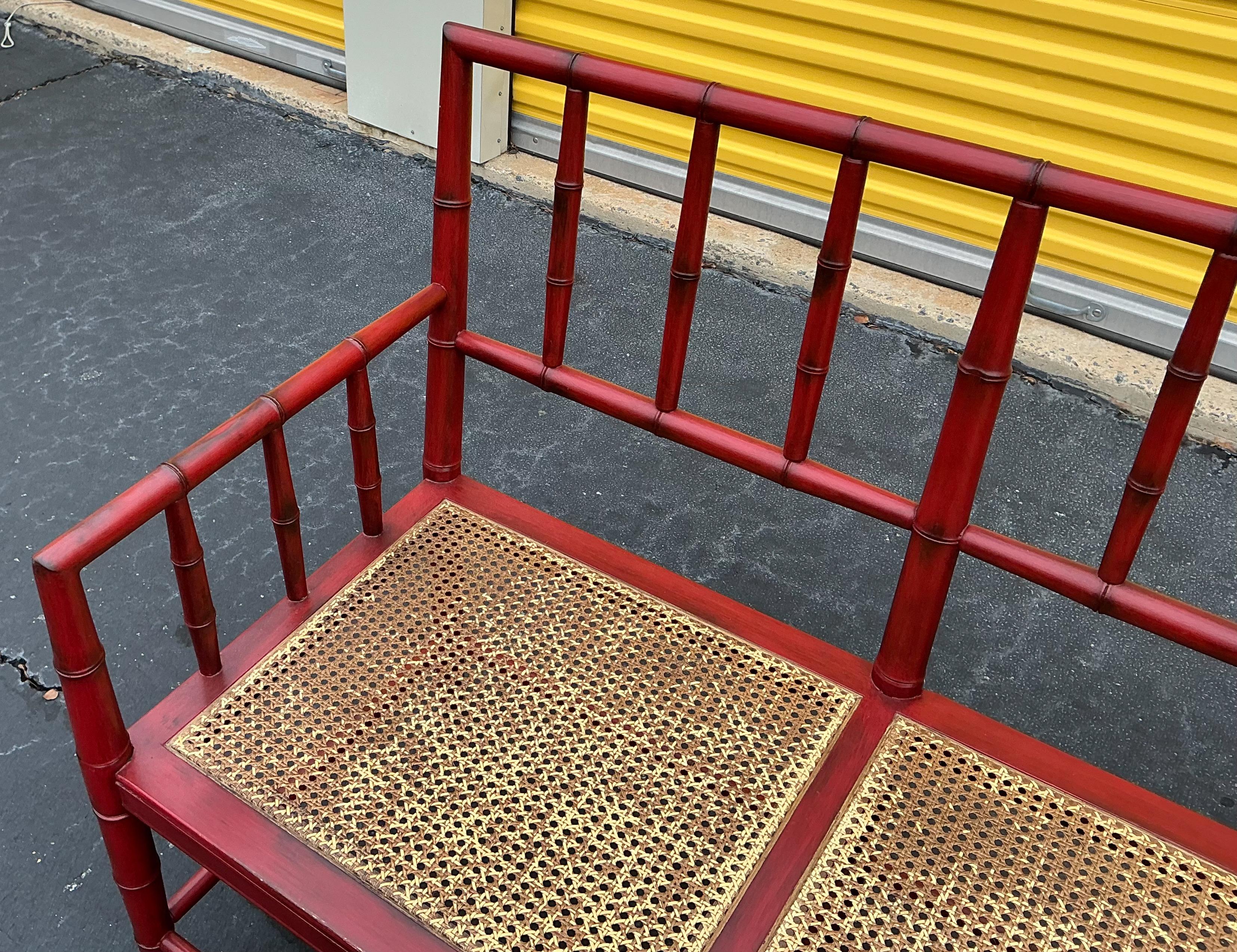 American Mid-Century Chinese Red Chippendale Style Faux Bamboo & Cane Settee / Bench