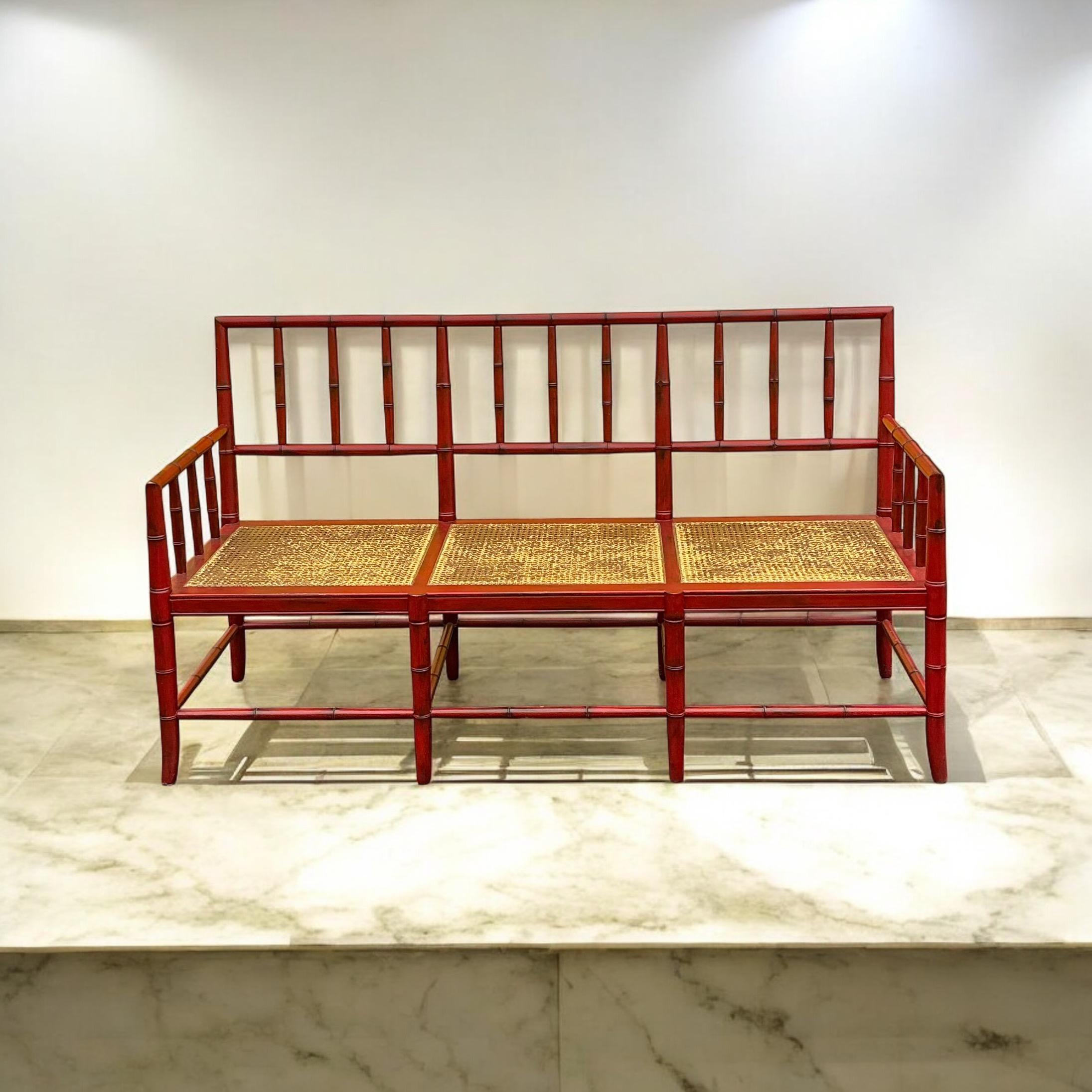 Mid-Century Chinese Red Chippendale Style Faux Bamboo & Cane Settee / Bench In Good Condition In Kennesaw, GA